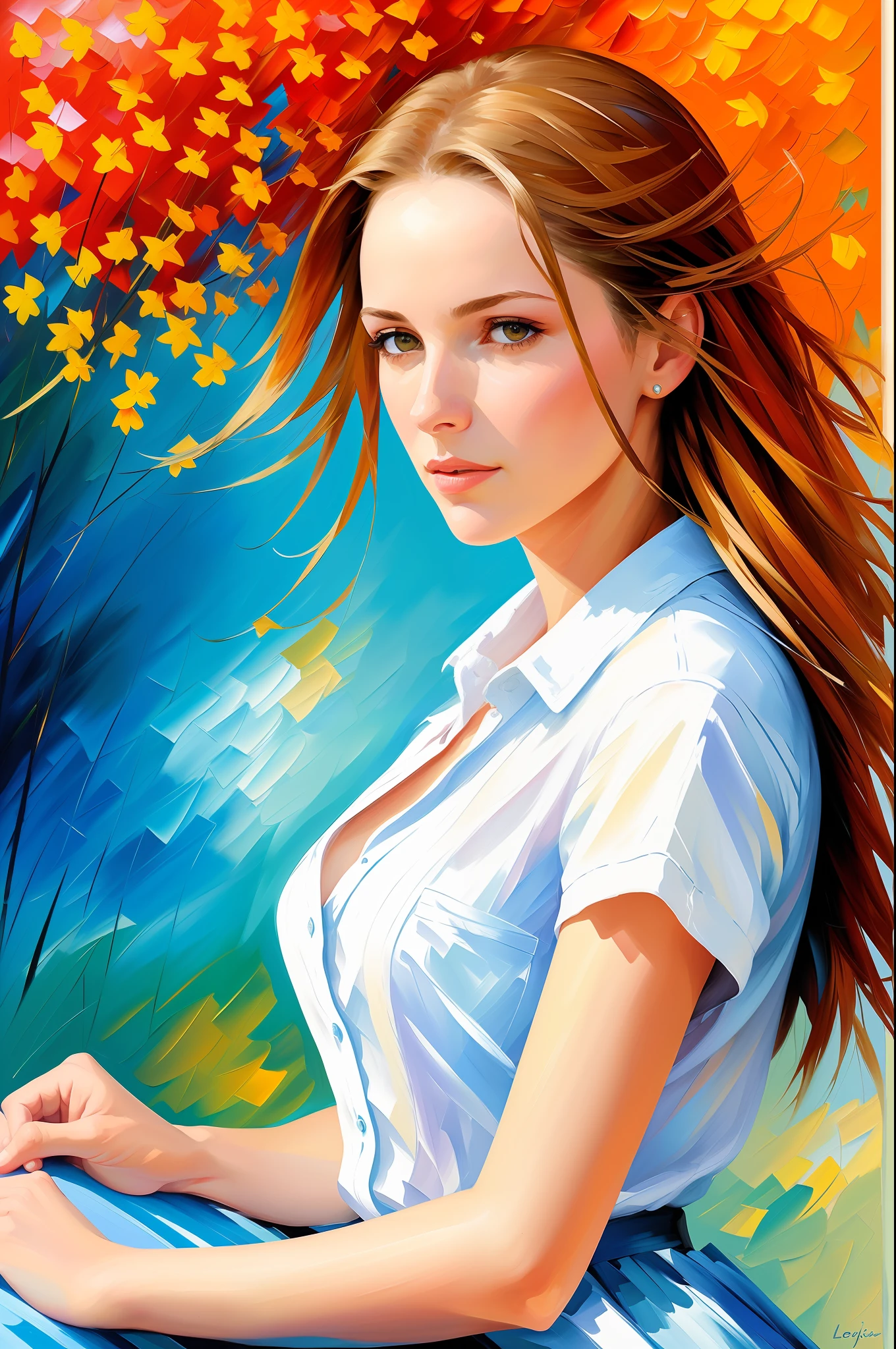 Ultra-detailed woman, (looking thoughtfully into the distance:1.4), in the park, sitting on a bench, full body, outdoors, (not looking at the camera:1.7), (adjusting hair:1.5), (short open shirt:1.2), solo, beautiful detailed sky, (closed mouth), small breasts, beautiful detailed eyes, floating hair, NSFW, seminude bosom, saliva, style-empire, by Alex Huguet, Mike Hill, Ian Spriggs, JaeCheol Park, Marek Denko, picture painted in impressionist style, brushstroke painting technique, palette knife painting, an expressive oil painting, Leonid Afremov