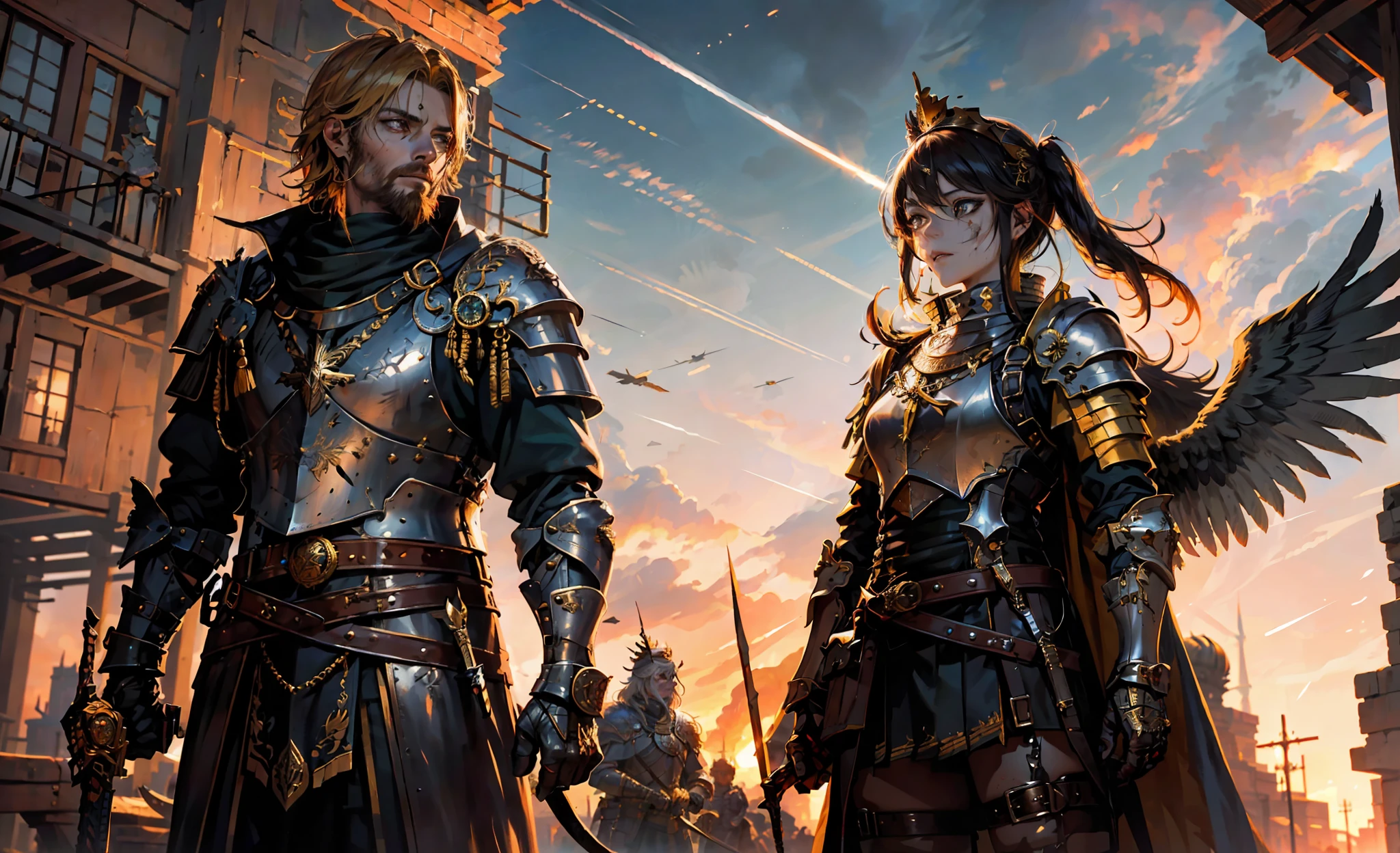 (masterpiece:1.2, best quality:1.1),8K,intricate details,HD,best illustration,wall-paper,intricate details,8K Hd wallpaper:1.6
1girl,12yo,Golden pupil,((Golden eye)),Golden iris,shine:1.6
Swords and shields, griffins, wings, banners, streamers, emeralds, crowns,The sheen, the detail, the sparks, the ink, the castle, the fire, the sunset,Crusader armor
Metallics, streamers, blood on his face,Chest exposed, broken armor,industrial, dieselpunk, Carved armor:1.4, scratches:1.2, battle damage, wounds