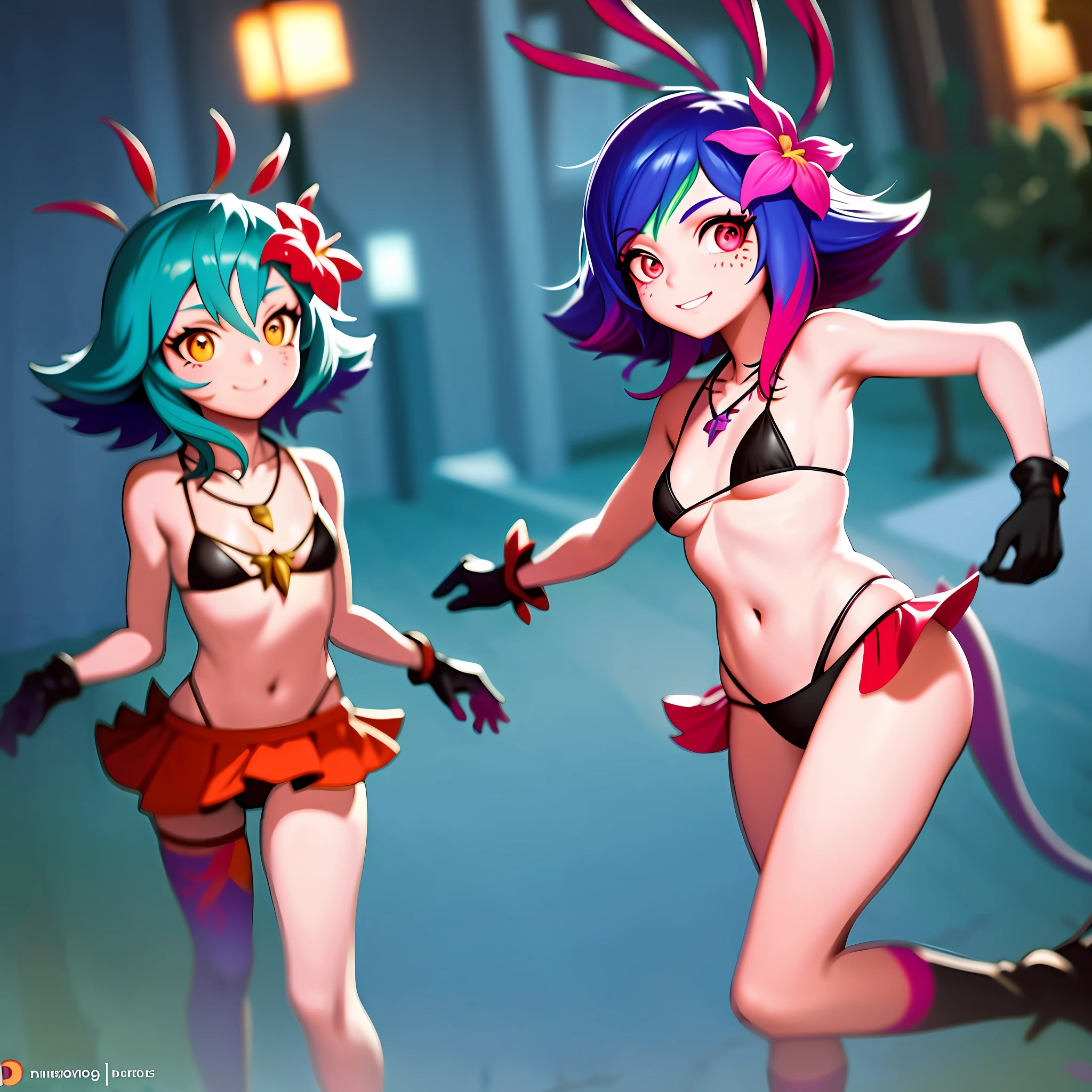best illustration, illustration, vibrant colors, masterpiece, best quality, absurdities, 1girl, beautiful face, detailed eyes, looking at the viewer, contrapposto, sexy, full body, neeko, facial marks, hair ornaments, hair flower, necklace, lizard tail, multicolored skin, body painting, walking in public, with shame, red with shame, panting, smiling, in public, waving to strangers, teasing strangers, (( black micro-bikini)), walking on the street, in public, wearing black micro-bikini, black bikini, 2 girls, 2 twins, 1