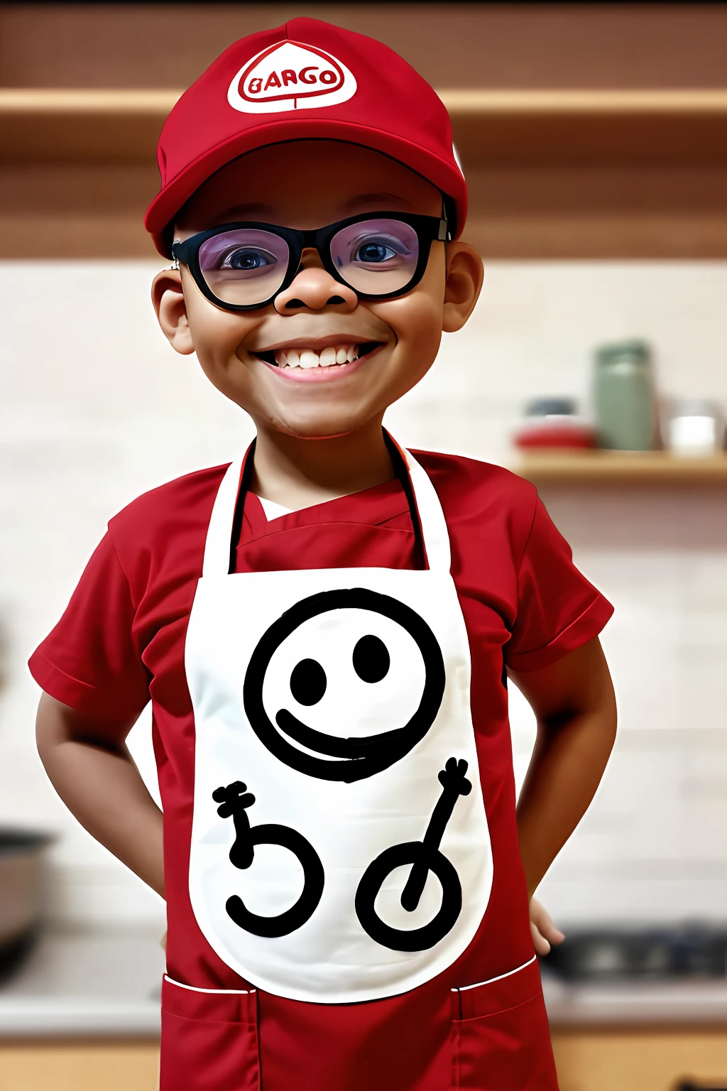 guttonerdvision3, Portrait of a 3-year-old boy in cook's outfit, red apron, red cap, half body, (((looking at viewer)))), smiling, chibi style, kitchen setting, blurry background, depth of field, detailed, cartoon, drawing with strokes by designer alex ross, unreal engine, 8k