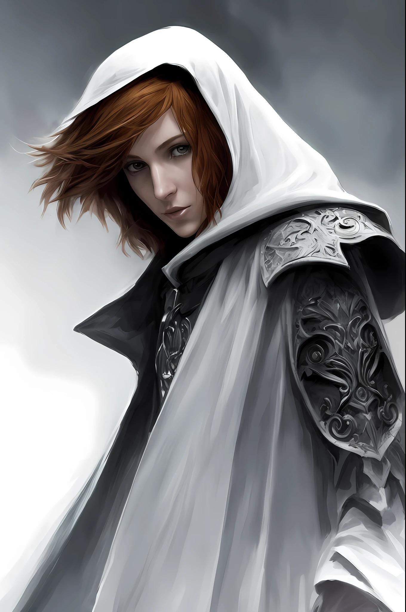 a female portrait of a hyper-detailed in the style of a Harry Potter dementor and a rogue dnd character, ginger hair, (nice: 1.3) thoughtful expression, full body, white suit, white hood, conjuring magical energy, filmed cinematic in canon 5d ultra realistic skin, Fabian Perez Henry Asencio, Jeremy Mann Marc Simonetti fantasy magical horror atmosphere, (highly detailed environment:1.3)
