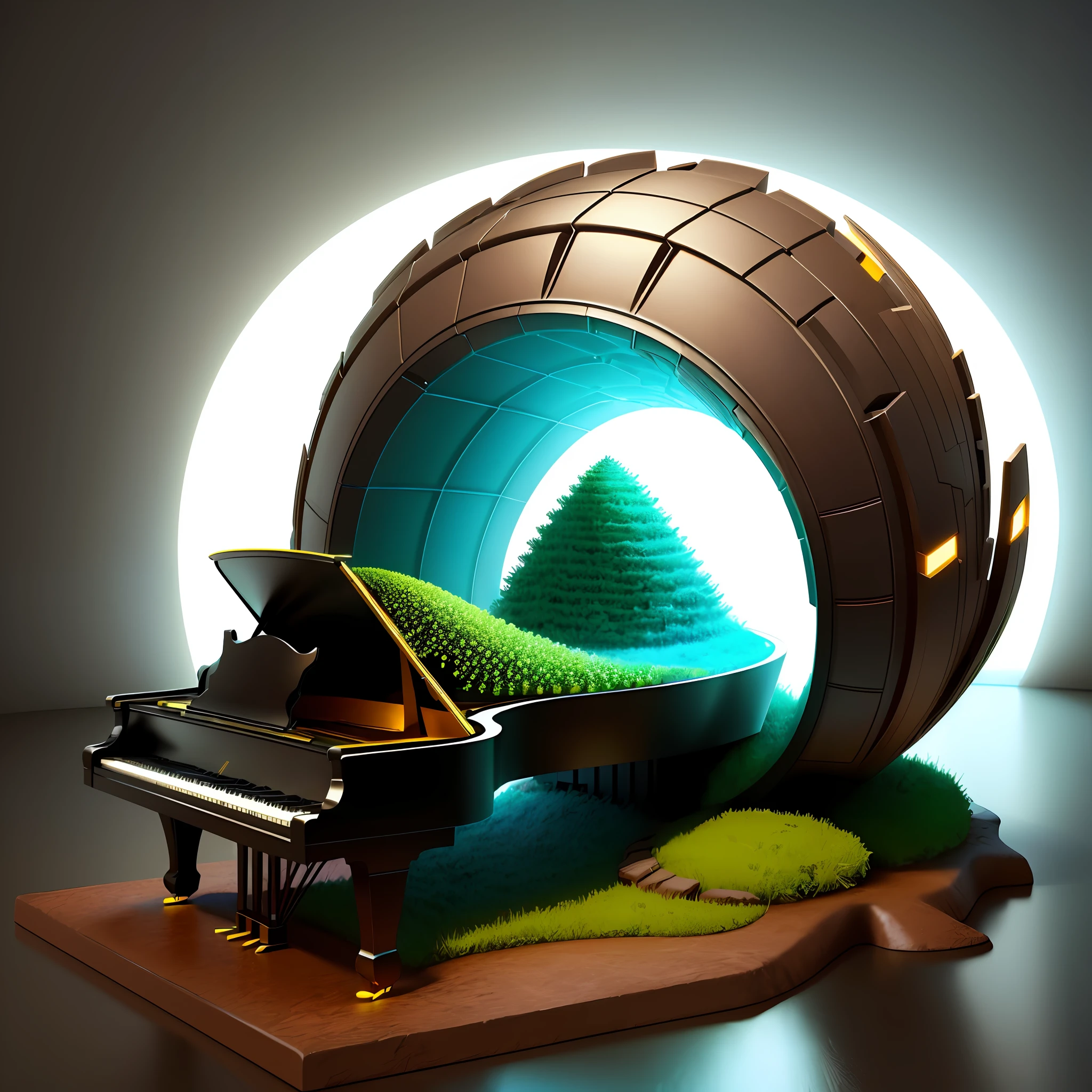 Piano shaped anthill, futuristic, 3d, fantasy, glow