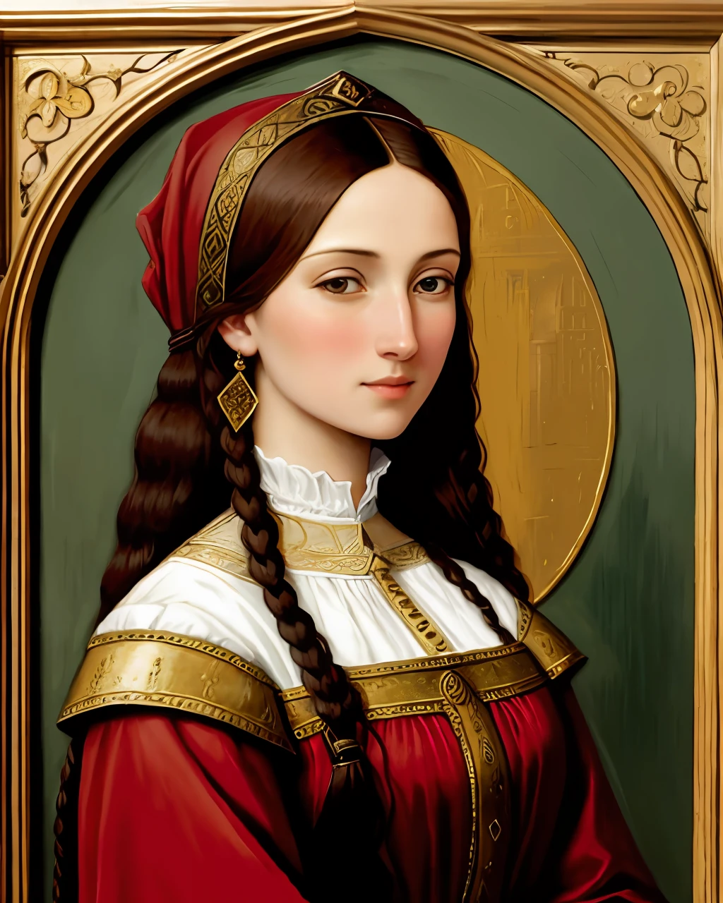 In an oil painting, a stunning woman is portrayed in the romantic style of the Renaissance, adorned in exquisite medieval attire. The artist's mastery of brushwork and attention to detail reflects the influences of renowned painters such as Leonardo da Vinci and Raphael. The woman's features are rendered with a softness and elegance, capturing the idealized beauty of the era. The intricate design of her medieval garments adds a touch of opulence and historical charm to the painting. The use of rich, warm colors and the play of light and shadow evoke a sense of depth and realism. The oil painting transports viewers to a bygone era, immersing them in the allure of medieval beauty and the artistic grandeur of the Renaissance.