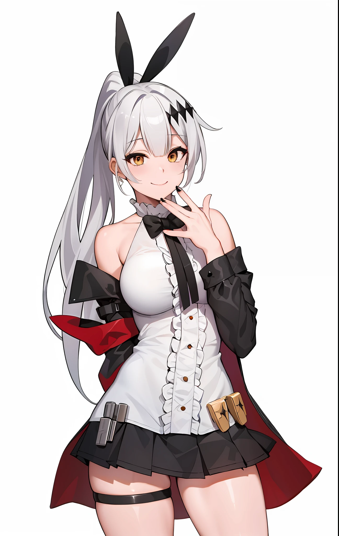 (masterpiece), (best quality), ((high resolution)), fiveseven, long ponytail, black pleated skirt, (thigh strap, skin dentation), smile, naughty face, smug, sharp eyeliner, eye shadow, (big breasts: 1.3)