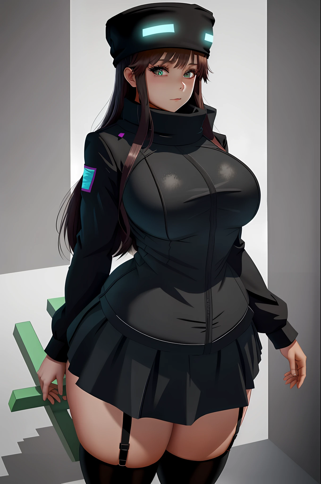 AndrMC, 1girl, black bikini, skirt, thighhighs, garter_straps, ender_hat, solo, big boobs, wide hips, from the front
