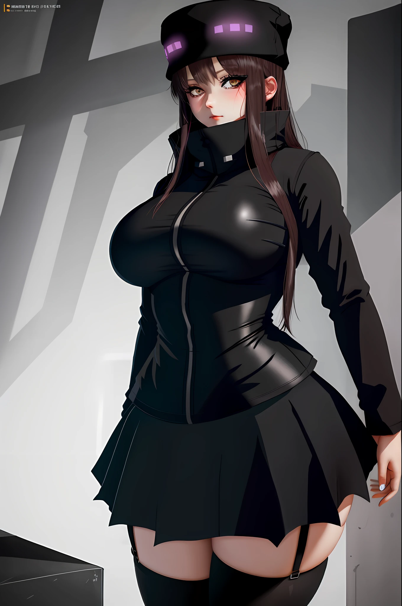 AndrMC, 1girl, black bikini, skirt, thighhighs, garter_straps, ender_hat, solo, big boobs, wide hips, from the front