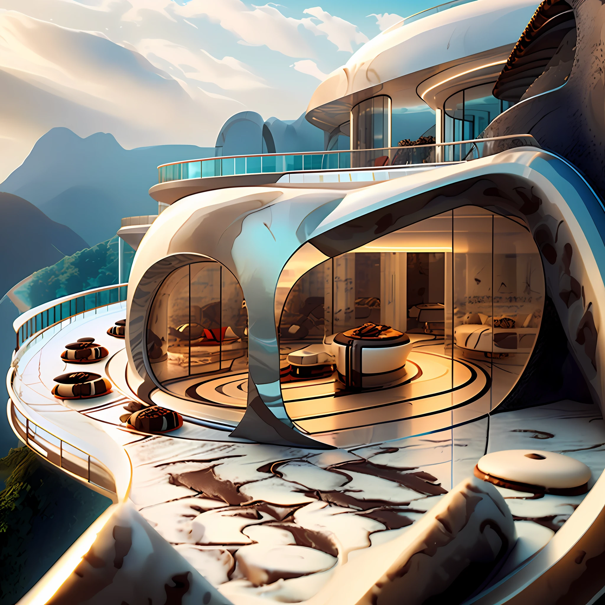 (Futuristic Architectural Digest Image (Comfortable Upscale) ++ (Nutella Chocolate Chip Milkshake Deco Oreo Cream Futuristic Cream) + Bedroom):0.9 + Eng. Zaha Hadid