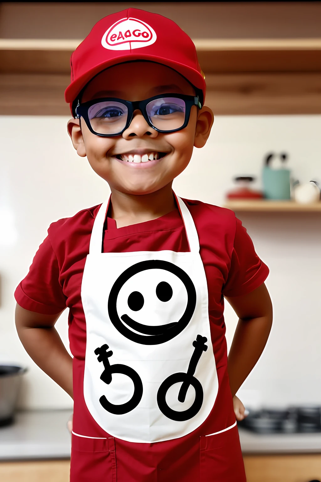 guttonerdvision3, smiling wearing a red apron with a smiling face, wearing an apron, happy chef, happy child, light nerdy smile, slightly cute nerdy smile, serving happy meals, dressed as a pastry chef, friendly warm expression, white apron, subject is smiling, cute boy, with a happy expression, taking control while smiling, small wide smile, childittle boy
