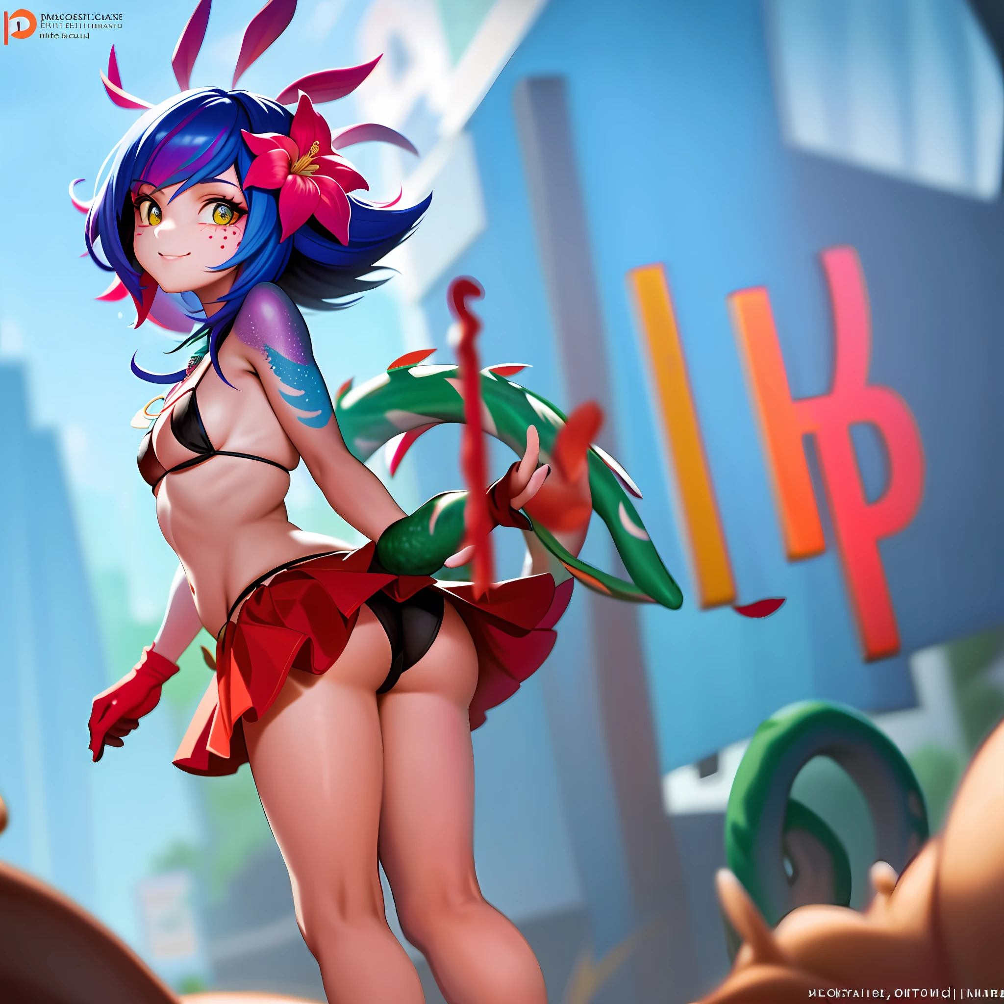 best illustration, illustration, vibrant colors, masterpiece, best quality, absurdities, 1girl, beautiful face, detailed eyes, looking at the viewer, contrapposto, sexy, full body, neeko, facial marks, hair ornaments, hair flower, necklace, lizard tail, multicolored skin, body painting, walking in public, with shame, red with shame, panting, smiling, in public, waving to strangers, teasing strangers, (( black micro-bikini)), walking on the street, in public, wearing black micro-bikini, black bikini, 2 girls, 2 twins, 1