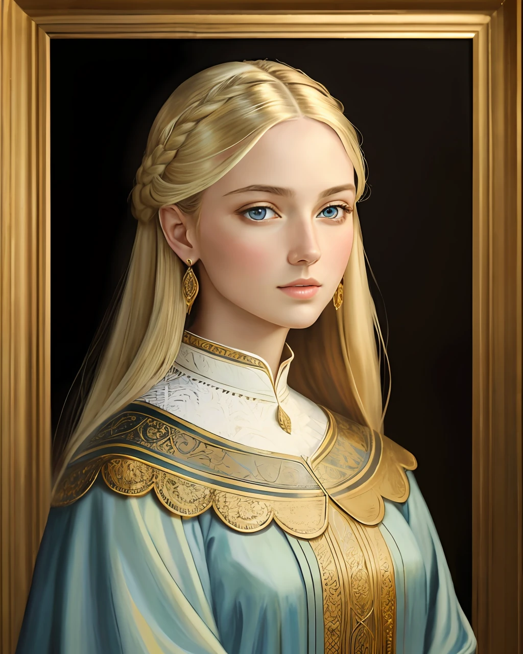 In an oil painting, a stunning woman with flowing blonde hair, piercing blue eyes, and fair complexion is depicted with great artistry. The artist's skillful brushstrokes and attention to detail bring out the woman's natural beauty, capturing the essence of her features. The play of light and shadow adds depth and dimension to her appearance, while the use of warm tones enhances her radiant complexion. The painting exudes a sense of grace and elegance, reminiscent of the classical portraiture style of artists like John Singer Sargent. The oil medium lends a lustrous quality to the woman's hair and a subtle sheen to her skin, creating a captivating and lifelike representation