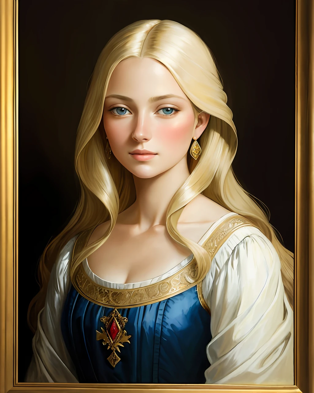 In an oil painting, a stunning woman with flowing blonde hair, piercing blue eyes, and fair complexion is depicted with great artistry. The artist's skillful brushstrokes and attention to detail bring out the woman's natural beauty, capturing the essence of her features. The play of light and shadow adds depth and dimension to her appearance, while the use of warm tones enhances her radiant complexion. The painting exudes a sense of grace and elegance, reminiscent of the classical portraiture style of artists like John Singer Sargent. The oil medium lends a lustrous quality to the woman's hair and a subtle sheen to her skin, creating a captivating and lifelike representation