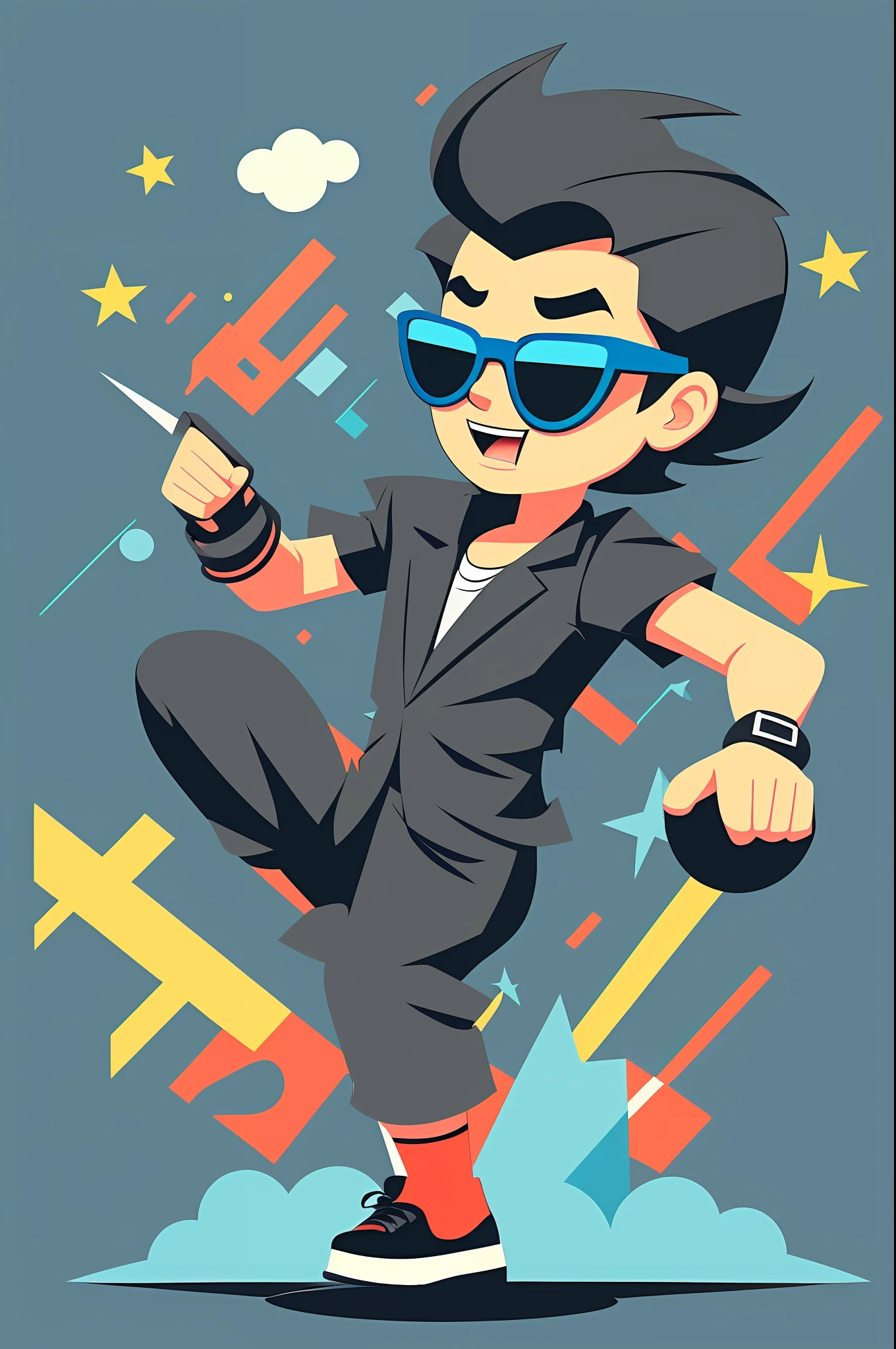 boy cartoon network style, flat design, retro cartoons, black outline all over drawing, funny, mad, wearing sunglasses