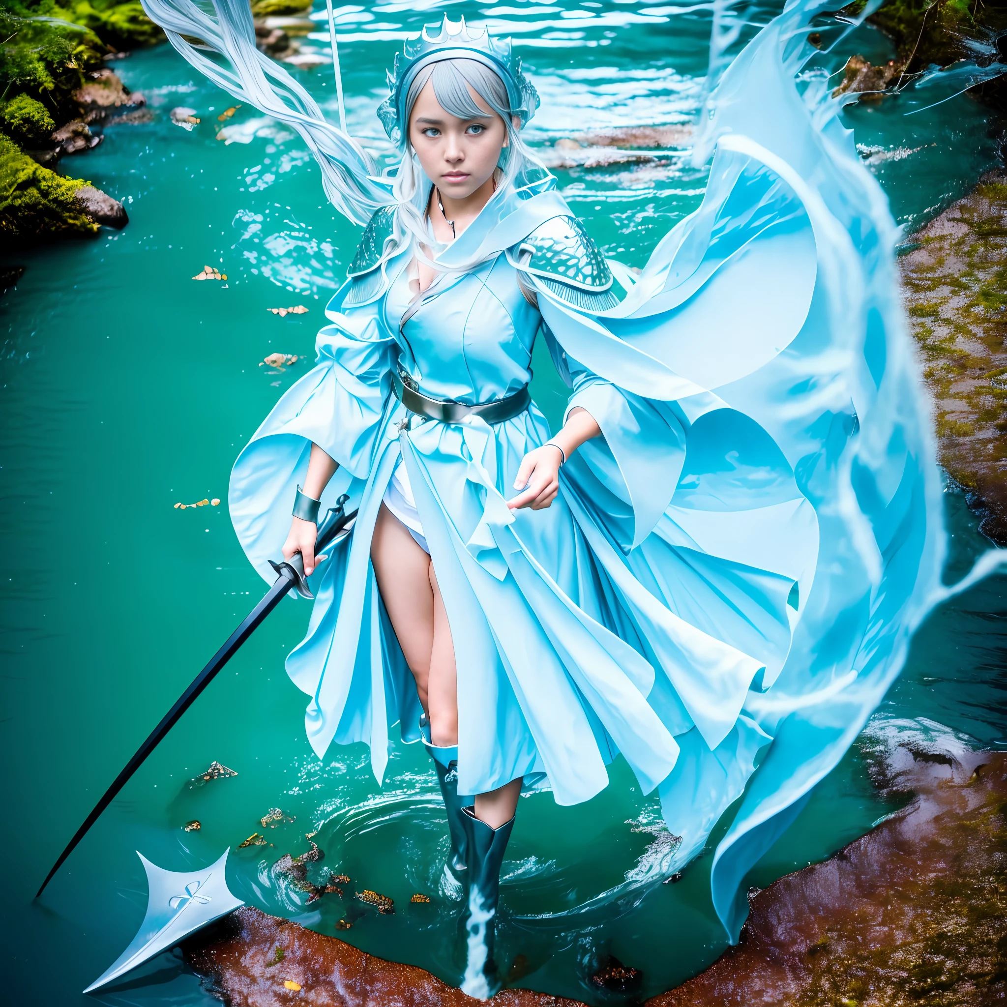 (8k, RAW photo, best quality, masterpiece: 1.2), (realistic, photorealistic: 1.37), Noelle Silva, standing in the river, water armor, Solo, silver-haired princess and bangs, Black Clover anime.