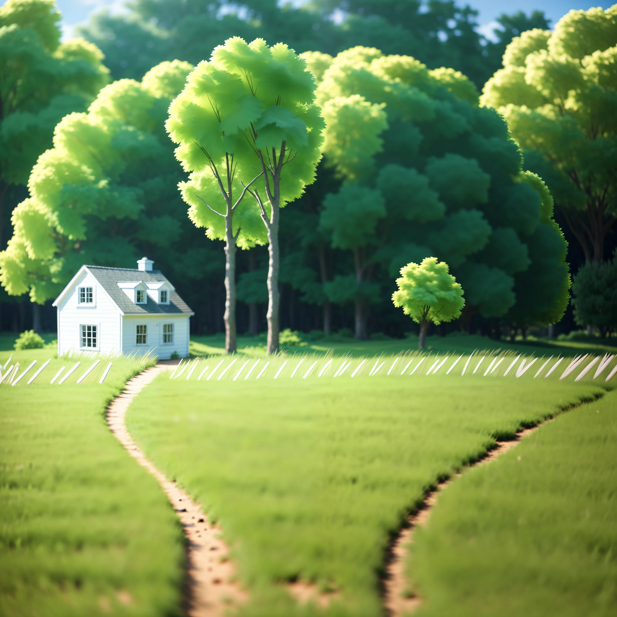 RAW photo, exterior, daylight, country home, trees, path, lawn clouds, super realistic, hyperrealistic, 8k