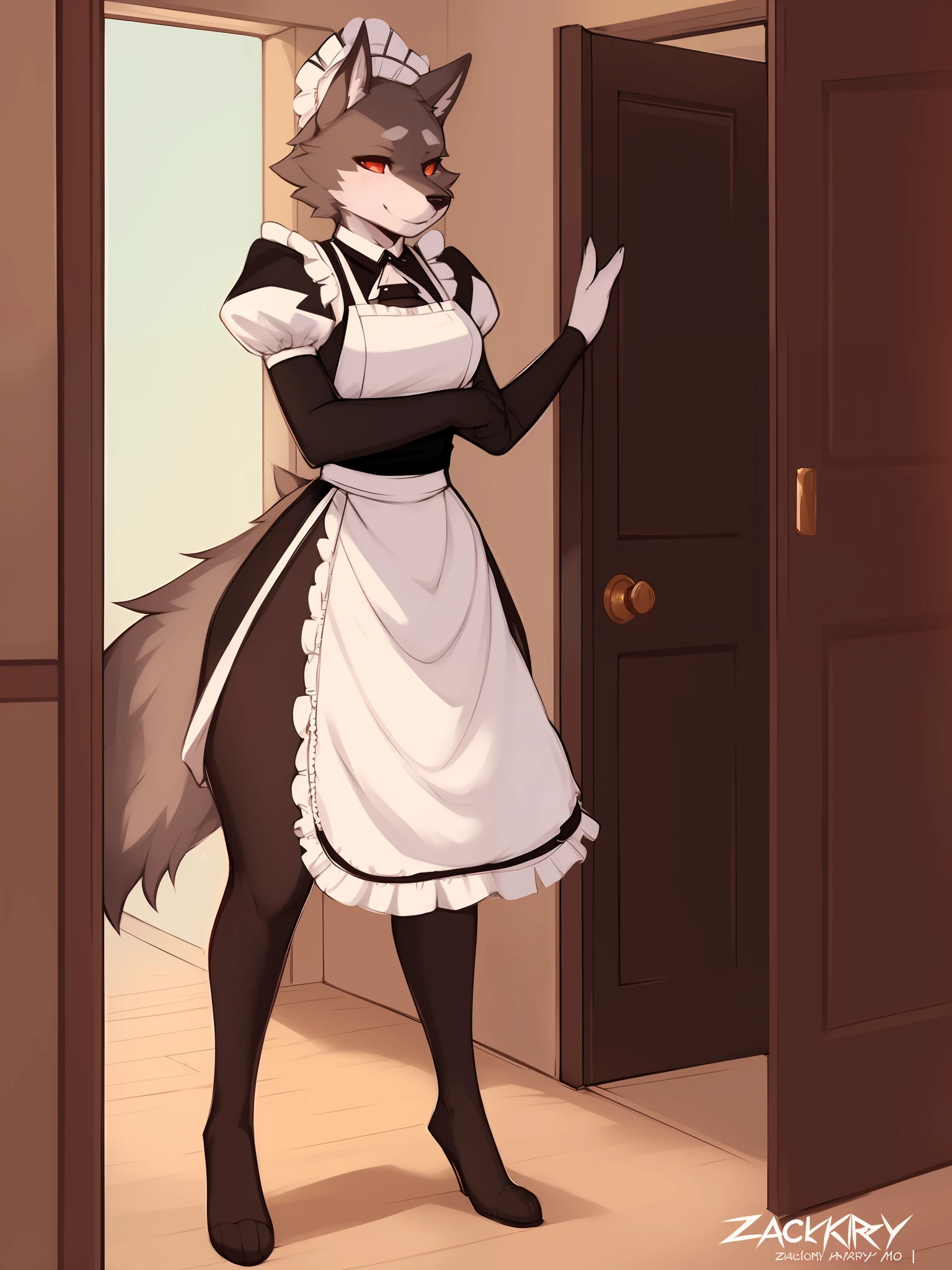by zackary911,zackary911, wolf, anthro, maid is unnaturally tall and thicc and is taller than doors