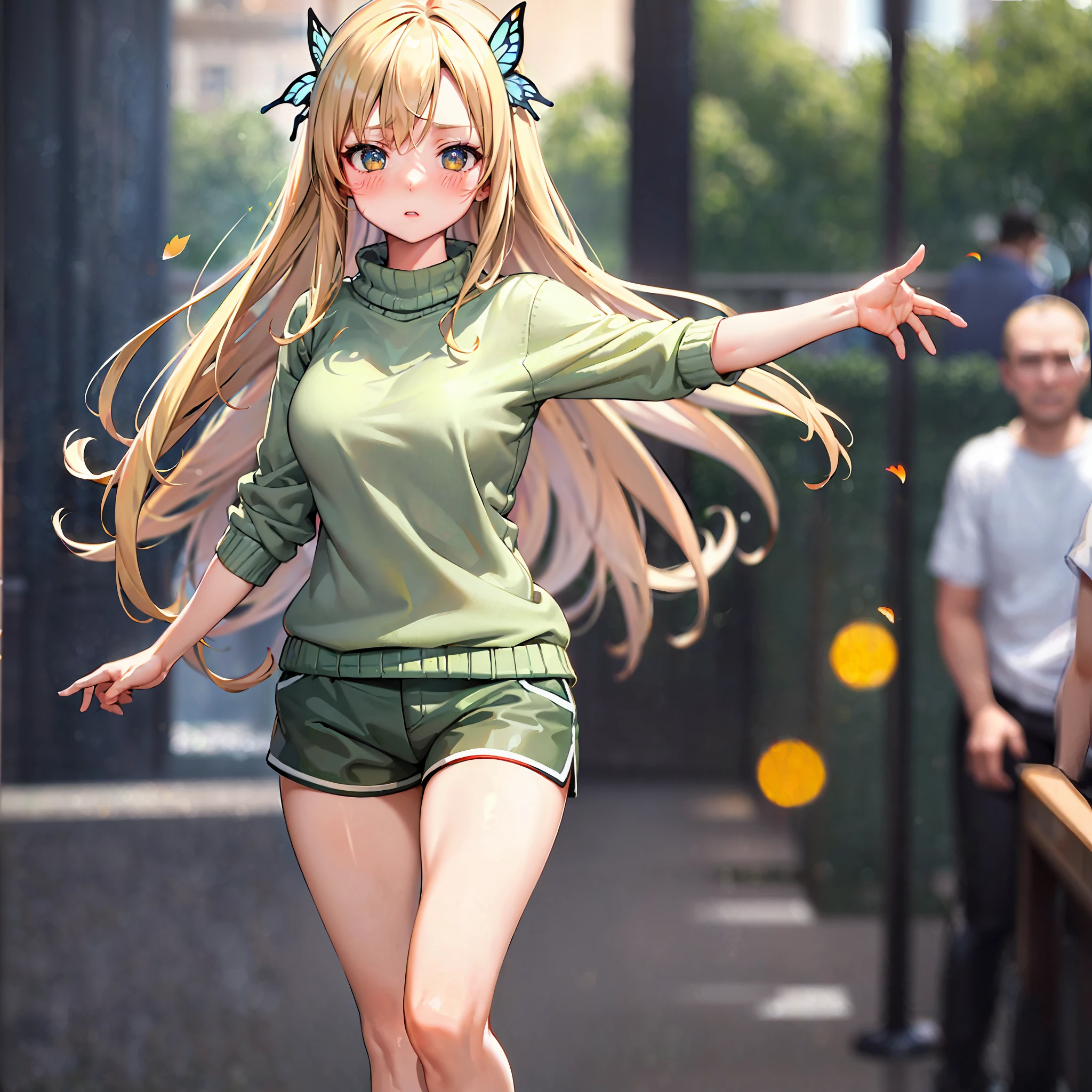 (best quality:1.1), (masterpiece:1.4), (absurdres:1.0), full body, walking,
1girl, kashiwazaki sena, butterfly_hair_ornament, blond hair, shorts, sweater, oudoors, city, crowd, solo focus, (bokeh:1.4), (depth of field:1.4), looking at viewer, (blush:1.1),