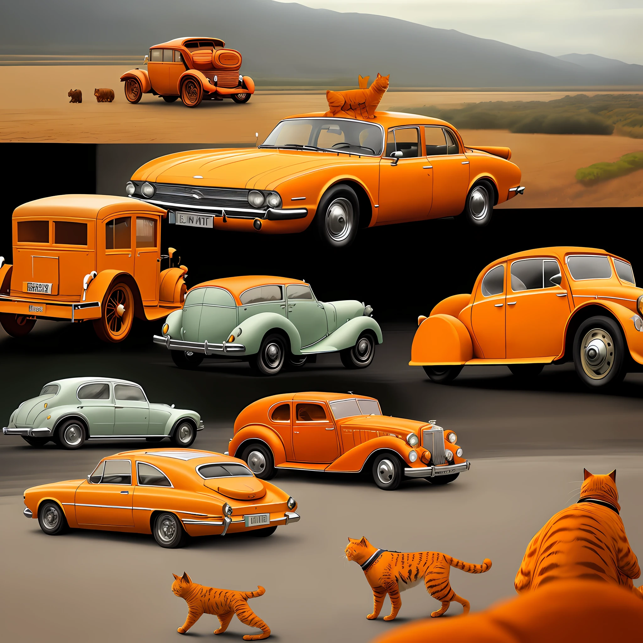 ((Car Chase)), ((Big Orange Cat)), ((Large Carriage)), ((Car Smaller)), ((Retro Car)), ((Striking Color))