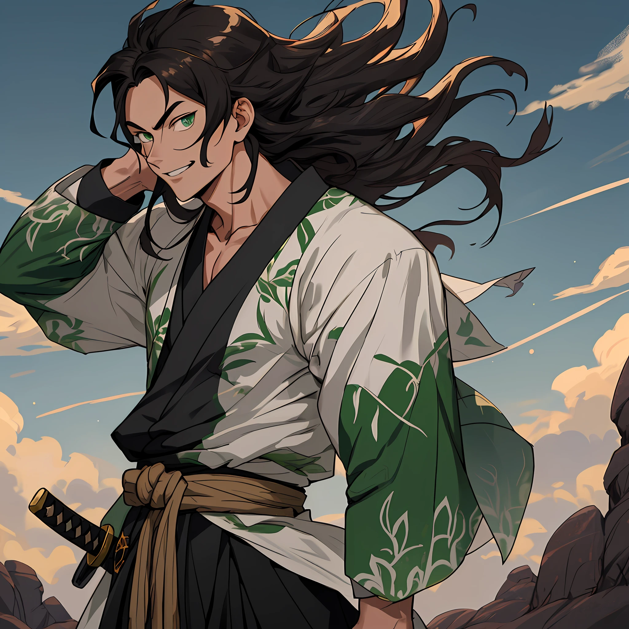 ((best quality)), ((ultradetailed)), ((masterpiece)), best quality (katana: 1.4), serious,(at night: 1.4), a 15-year-old who has his hair in black, long that is loose in the wind, his hair is continuous and poured down his body, smooth and shiny, which falls gently to the waist. Your hair is thick and has a healthy appearance, your hair is large and not stuck, contrasting with your fair skin. The young man's eyes are emerald green, and are deep, expressive, and intense like two clear pearls. They reflect calm and an inquisitive curiosity. He has a big smile on his face and a watchful eye. With his upright posture, the young man shows a confident bearing and a cheerful and hyperactive aura. He wears a black and green printed kimono with brown, sleeveless cloud-shaped details made of a quality fabric. giving him the look of a swordsman. At his waist, he carries a white katana with gray details on the blade. The long, sharp blade is made of polished steel, its coloration is white, and it is reflecting light. The scabbard of the sword adorned with demonic symbols. He's on a rocky mountain feeling the wind. He has a cheerful face. He has a large torn brown scarf around his neck. The trees sway in the background. Kimetsu no Yaiba style, alone, 1boy, demon slayer style, loose hair, petulant look, smiling, confident, only 1, spilled hair, loose and big hair, demon slayer artstyle