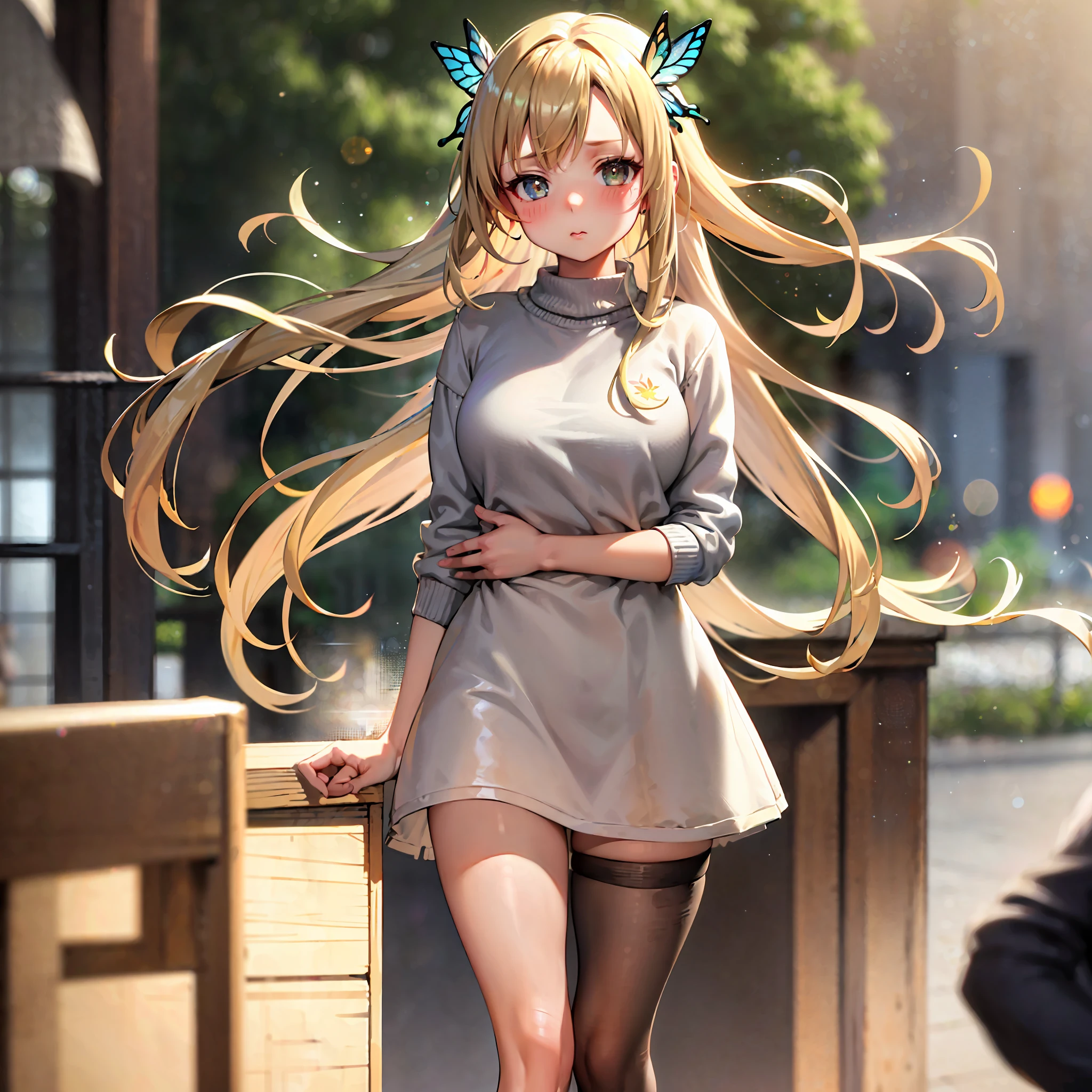 (best quality:1.1), (masterpiece:1.4), (absurdres:1.0), full body,  walking,
1girl, kashiwazaki sena, butterfly_hair_ornament, blond hair, shorts, sweater, oudoors, city, crowd, solo focus, (bokeh:1.4), (depth of field:1.4), looking at viewer, (blush:1.1),