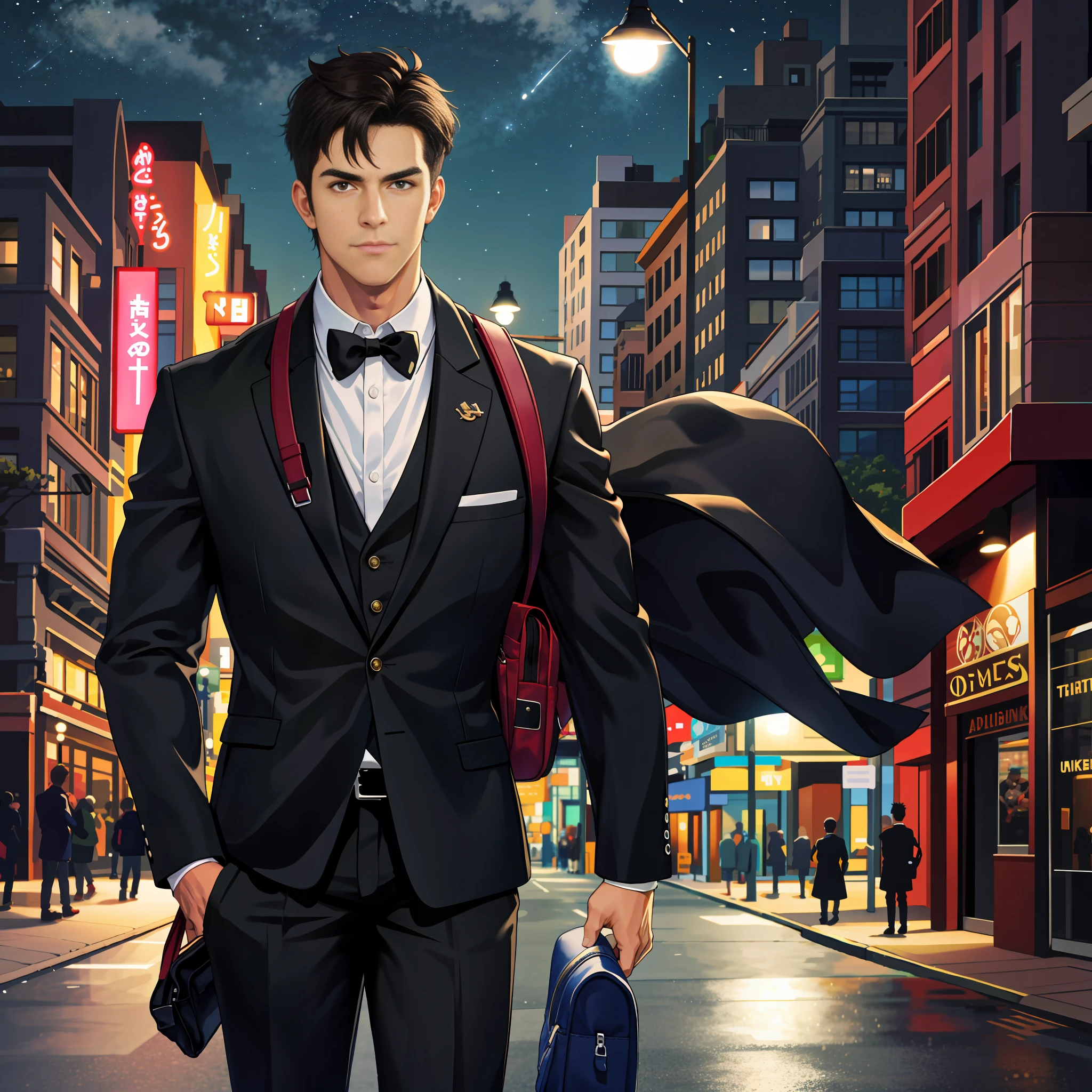 (Best quality: 1.4), (Absurd, HD, Ultra detailed), (1 male, single, adult, mature: 1.4, age: 1.4, handsome), extremely short hair, black hair, hair oil, brown eyes, (pointed chin: 1.4, thick neck: 1.4, thick eyebrows: 1.4), BREAK, night, dark, standing sideways on the street, , carrying a school bag, BREAK, upper body,