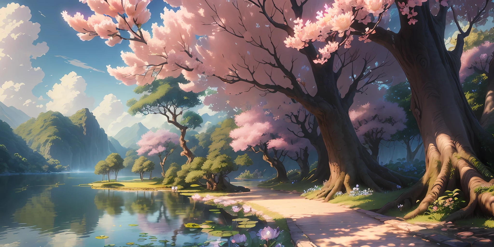 Masterpiece, best quality, (very detailed CG unit 8k wallpaper) (best quality), (best illustration), (best shadows) Vibrant colors, jungle, water, natural beauty, peaceful oasis, cherry tree, blue sky ray trace, super detailed, water lily flowers, water lilies, hydrangea bushes