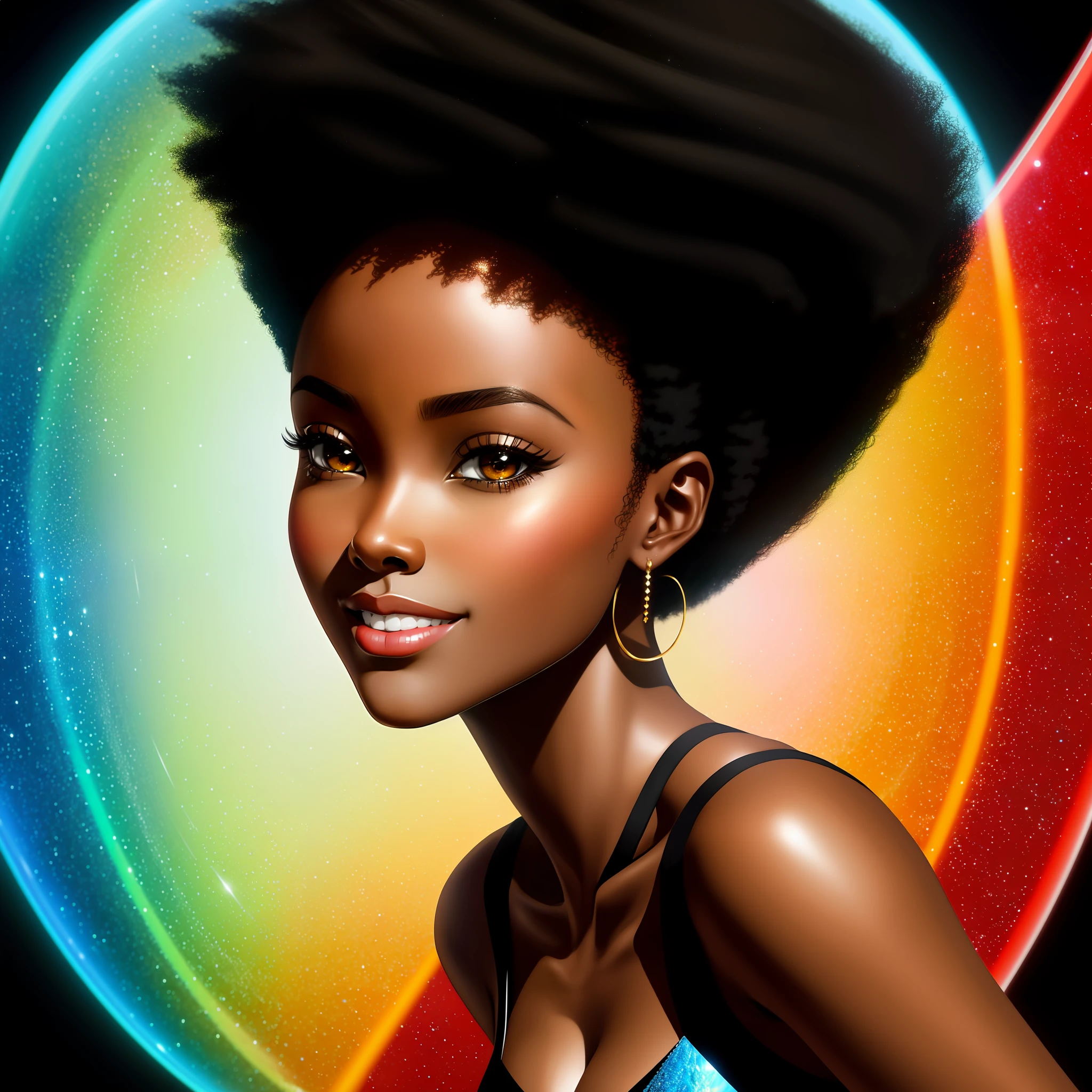 a beautiful black African woman, anime, hyperrealistic, beautiful face, smiling, big wide eyes, intense look, full body vision, light symmetrical background, large scale, realistic proportions, highly detailed, smooth, sharp focus, 8k, ray tracing, digital painting, conceptual art illustration, by Artgerm, trend in ArtStation, Fujifilm HS2