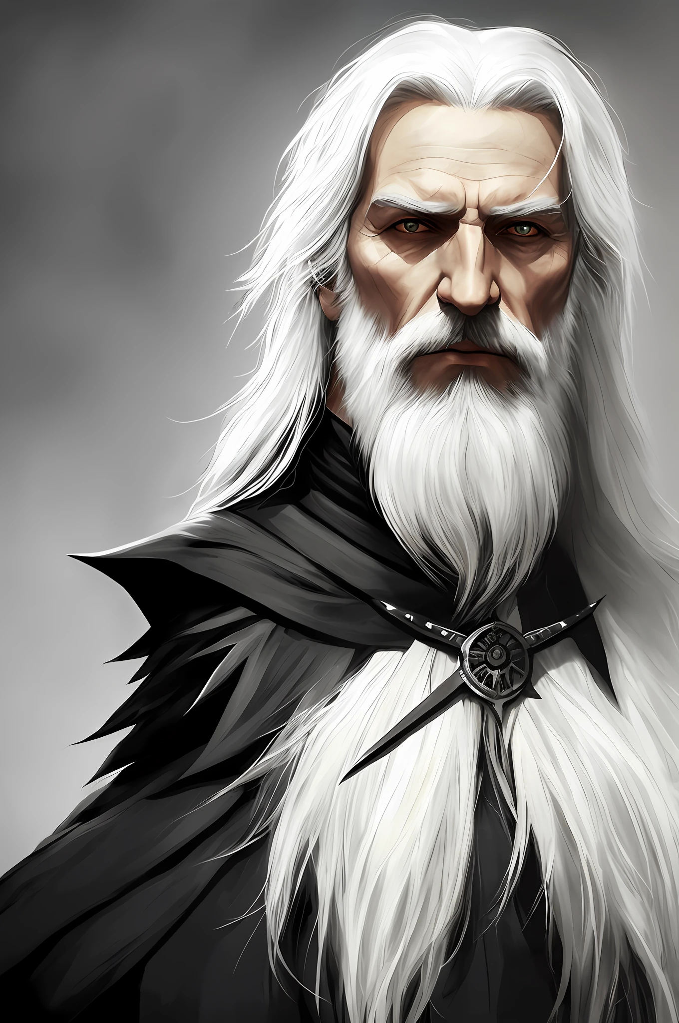 An old man, long white hair, thin, white beard, black clothes, evil appearance, dark, dnd, shadows, crow on shoulder, black staff, slawomir maniak, painted portrait, black forest background