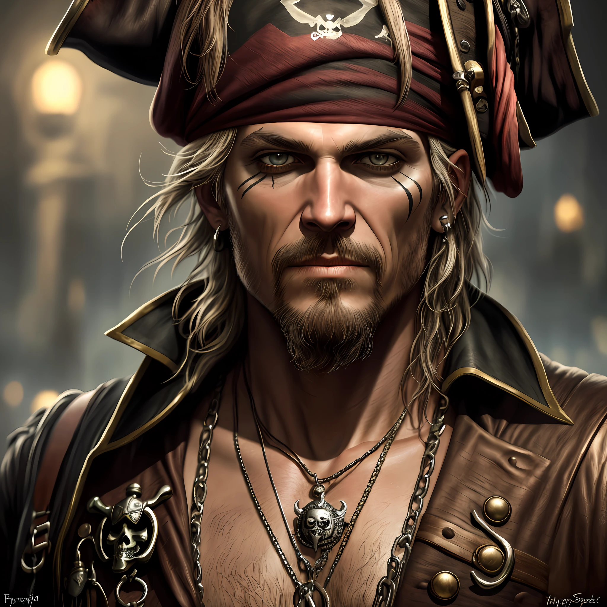 pirate Jack Sperrow, close up, realistic, metallic touch, highly detailed, best quality, highest quality, realistic lighting, hyperdetailed, hyperrealism