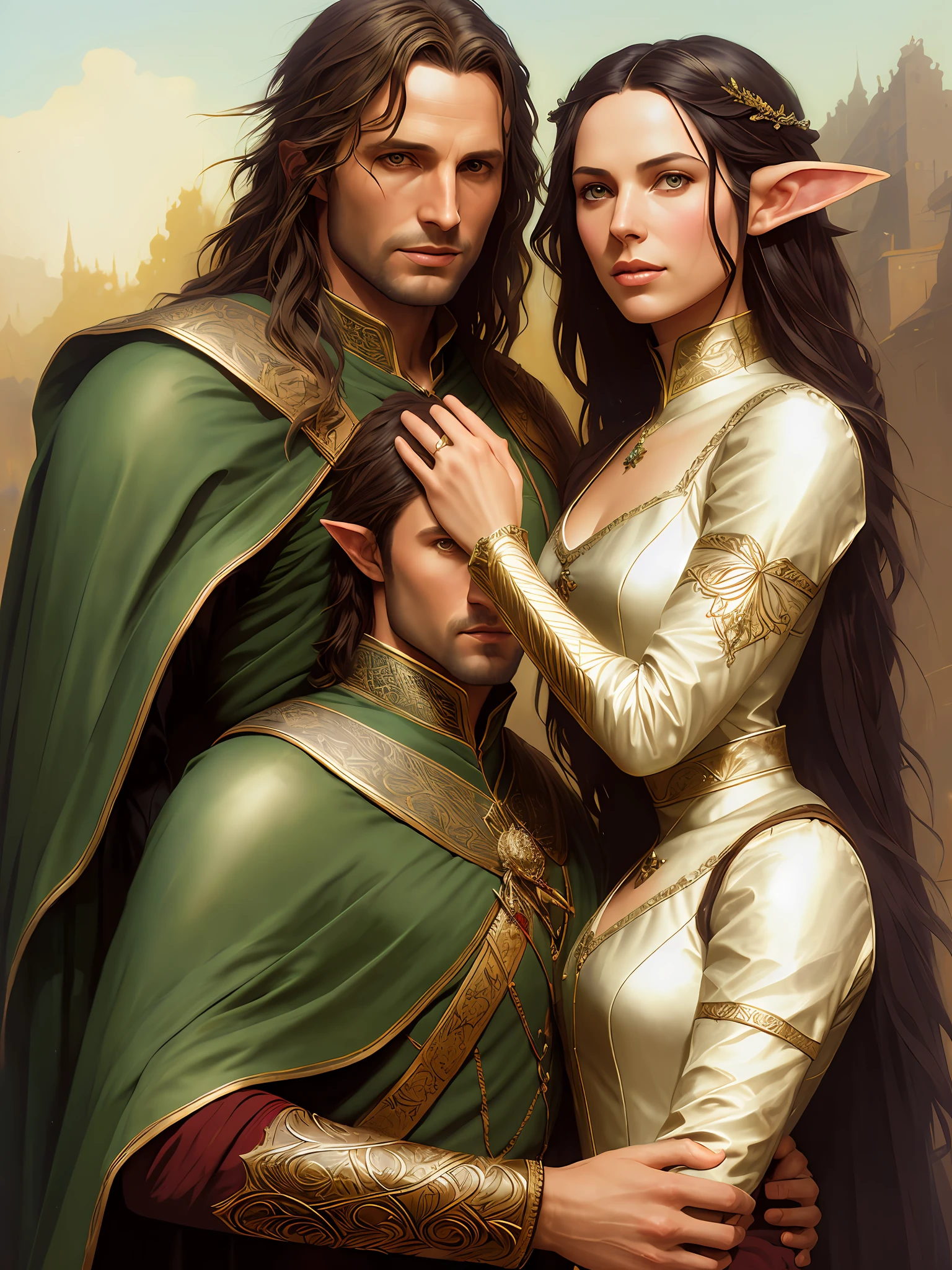 full body portrait of lord of the rings couple aragorn(human) and arwen(elf), vhs effect, wedding attire, (poster:1.2),poster on wall, nostalgia, movie poster,
(skin texture), intricately detailed, fine details, hyperdetailed, raytracing, subsurface scattering, diffused soft lighting, shallow depth of field, by (Oliver Wetter)
professional majestic oil painting by Ed Blinkey, Atey Ghailan, Studio Ghibli, by Jeremy Mann, Greg Manchess, Antonio Moro, trending on ArtStation, trending on CGSociety, Intricate, High Detail, Sharp focus, dramatic, photorealistic painting art by (greg rutkowski:1.4), bokeh