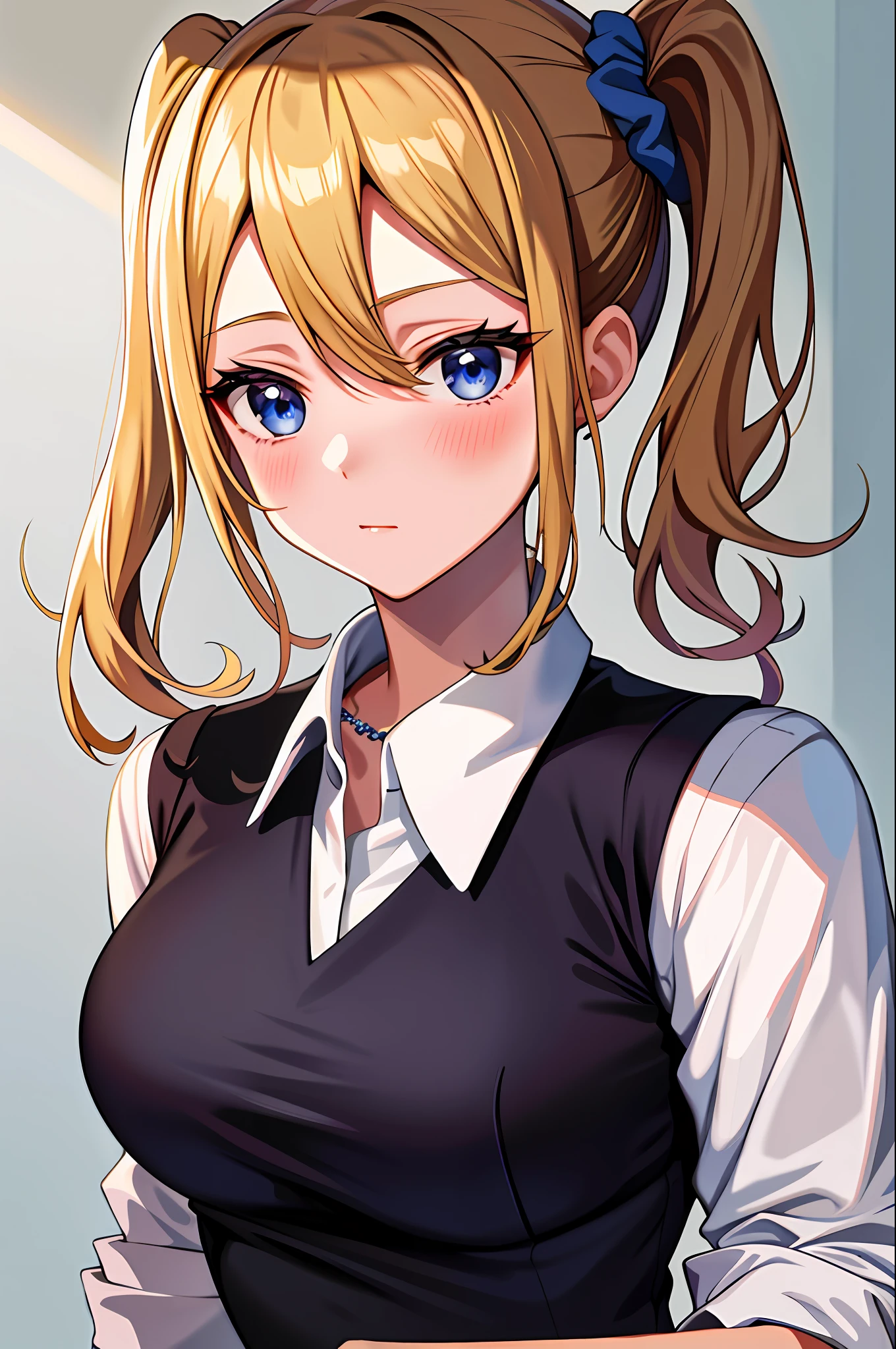 masterpiece, best quality, AiHayasakaV4, 1girl, solo, breasts, looking at viewer, blush, bangs, blue eyes, blonde hair, simple background, shirt, hair ornament, white background, hair between eyes, jewelry, closed mouth, school uniform, white shirt, upper body, collared shirt, necklace, side ponytail, scrunchie, hair scrunchie, blue nails, blue scrunchie, shuuchiin academy school uniform