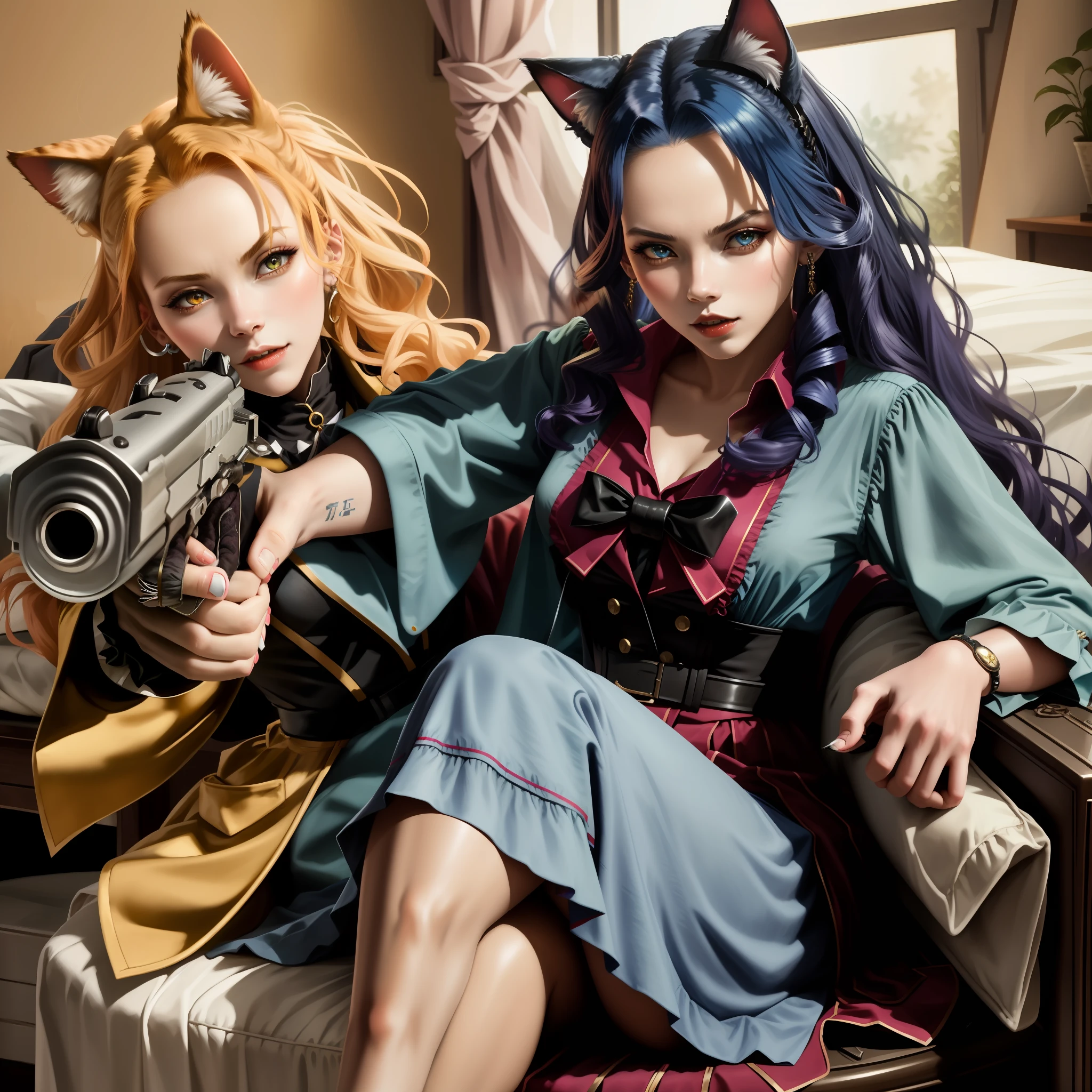 Masterpiece, best quality, gunatyou, 1girl, felicia \(vampire\),cat_paws,blue hair,cat tail