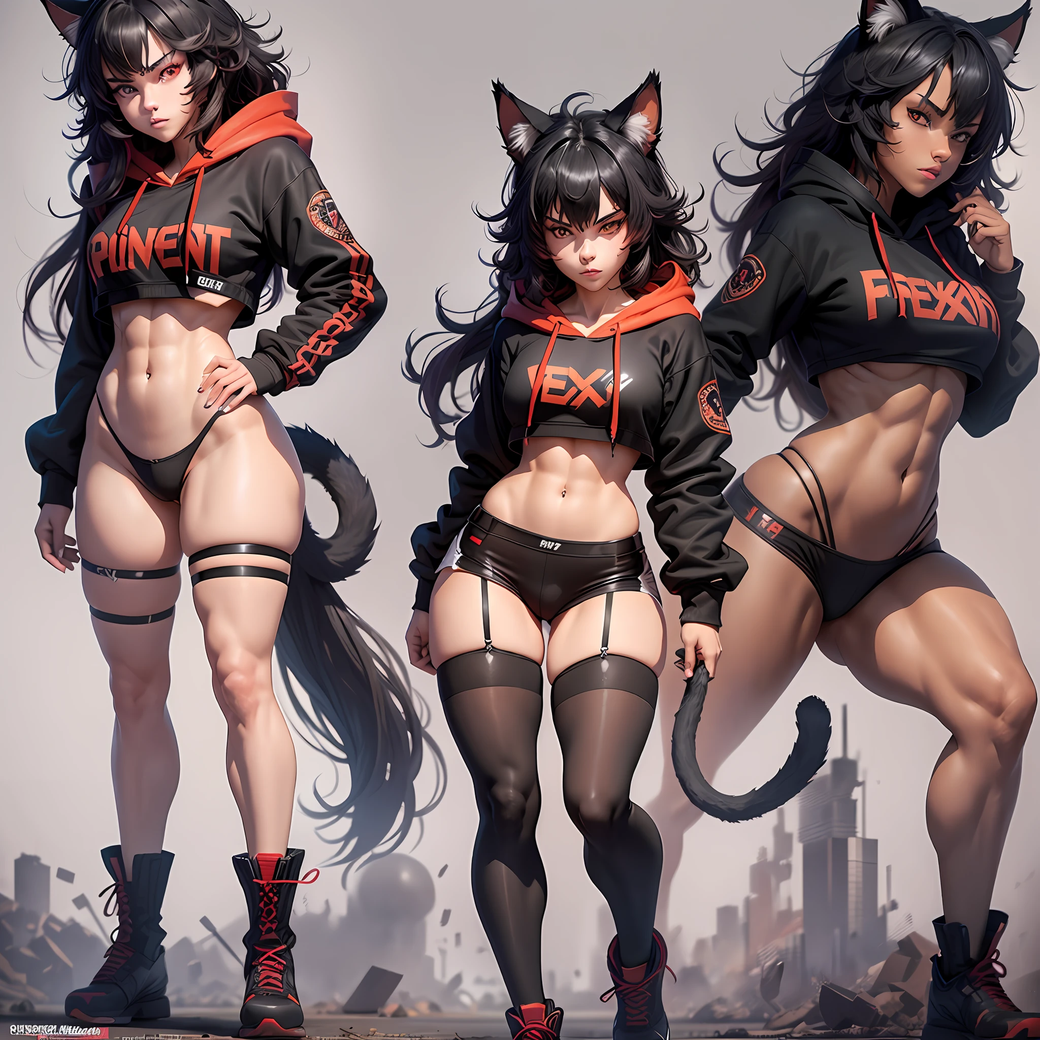 21 year old, toned, flexing, sharp big cat ears, cat tail, big black messy hair, extremely vibrant red eyes, masterpiece, vibrant,  , slim dark black hoodie, full body view, cute face, black thigh socks, combat boots.