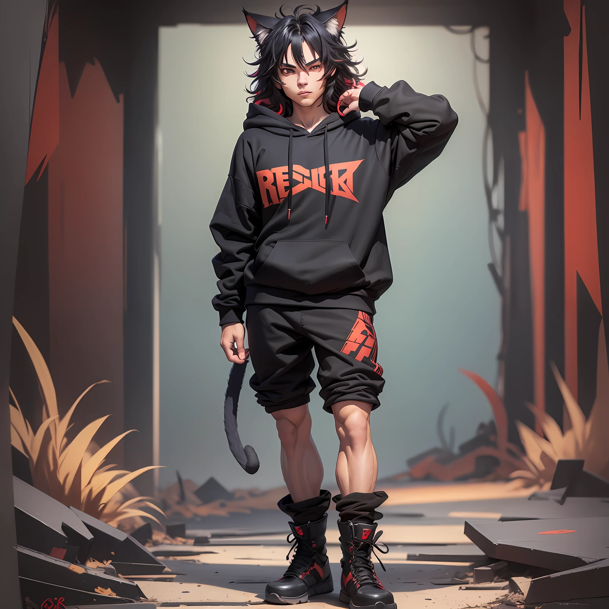21 year old, toned, flexing, sharp big cat ears, cat tail, big black messy hair, extremely vibrant red eyes, masterpiece, vibrant, sexy , slim dark black hoodie, full body view, cute face, black thigh socks, combat boots.