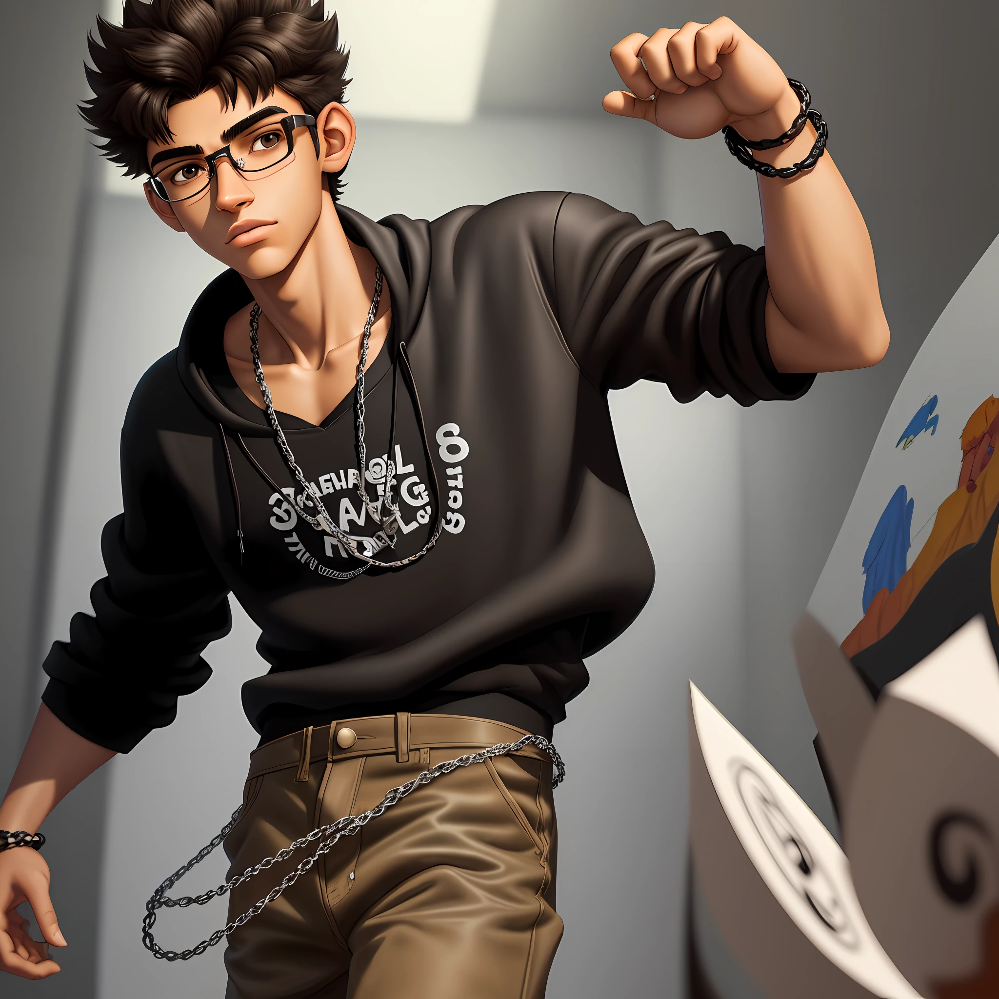 3D, Hand-Drawn, Hand-Drawn Animation, Storybook Illustration, Graphic Novel, Realistic Cartoon Style, Oil Painting, 16k, Full Screen. Enzo Flecha Dark, is , light brown eyes, dark brown black power hair, black skin, tall, thin and loose clothes, glasses, chains and bracelets