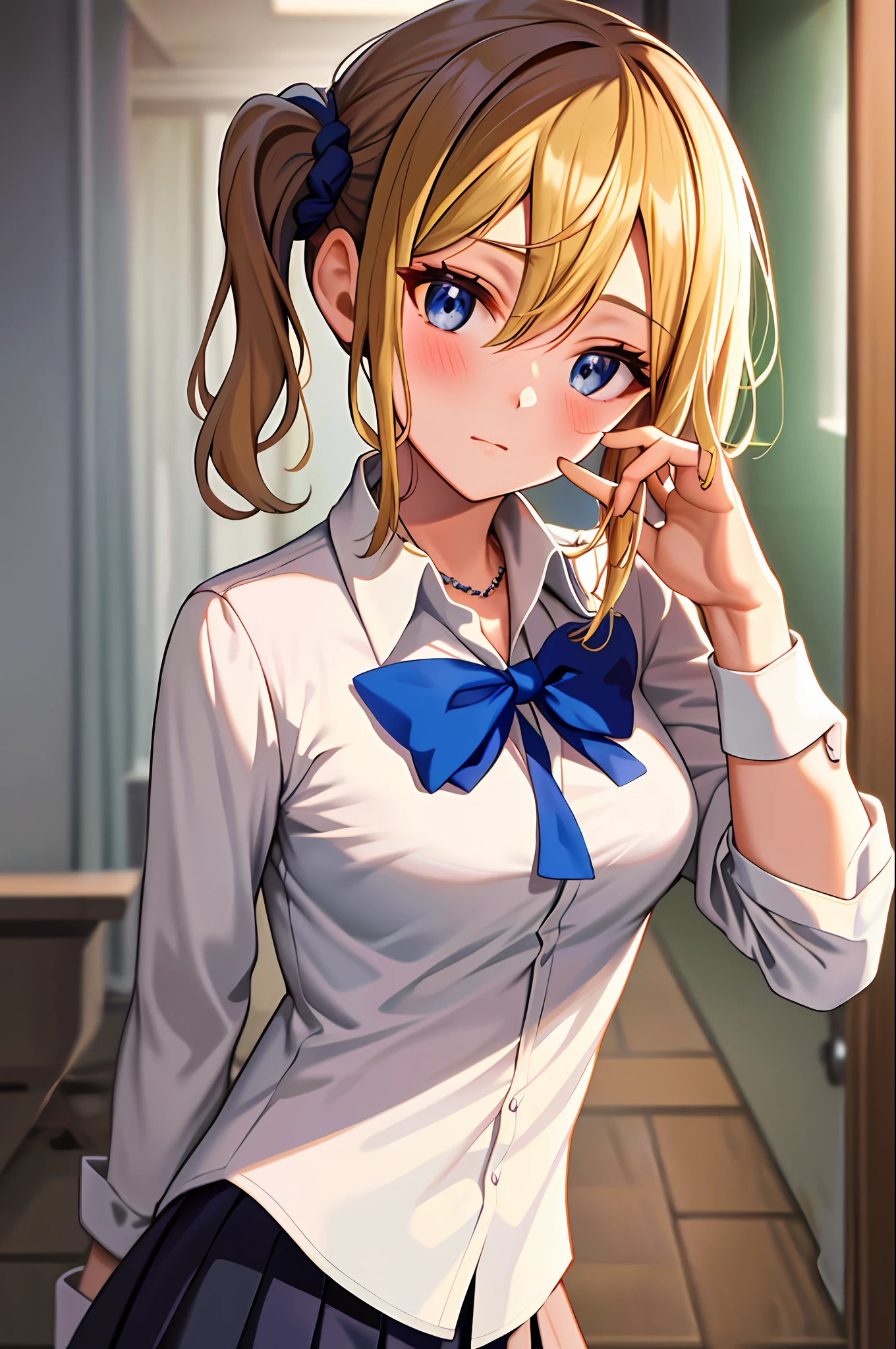 masterpiece, best quality, AiHayasakaV4, 1girl, solo, breasts, looking at viewer, blush, bangs, blue eyes, blonde hair, simple background, shirt, hair ornament, white background, hair between eyes, jewelry, closed mouth, school uniform, white shirt, upper body, collared shirt, necklace, side ponytail, scrunchie, hair scrunchie, blue nails, blue scrunchie, shuuchiin academy school uniform