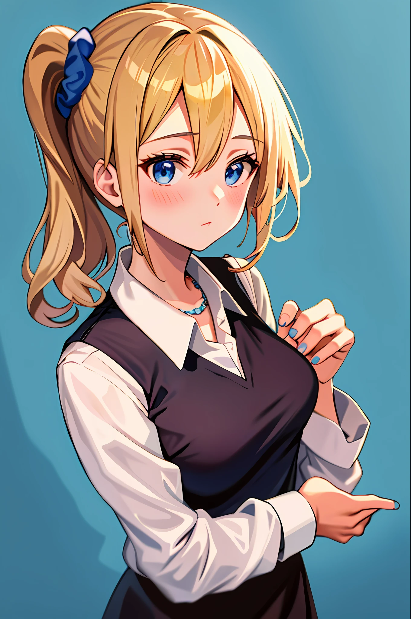 masterpiece, best quality, AiHayasakaV4, 1girl, solo, breasts, looking at viewer, blush, bangs, blue eyes, blonde hair, simple background, shirt, hair ornament, white background, hair between eyes, jewelry, closed mouth, school uniform, white shirt, upper body, collared shirt, necklace, side ponytail, scrunchie, hair scrunchie, blue nails, blue scrunchie, shuuchiin academy school uniform