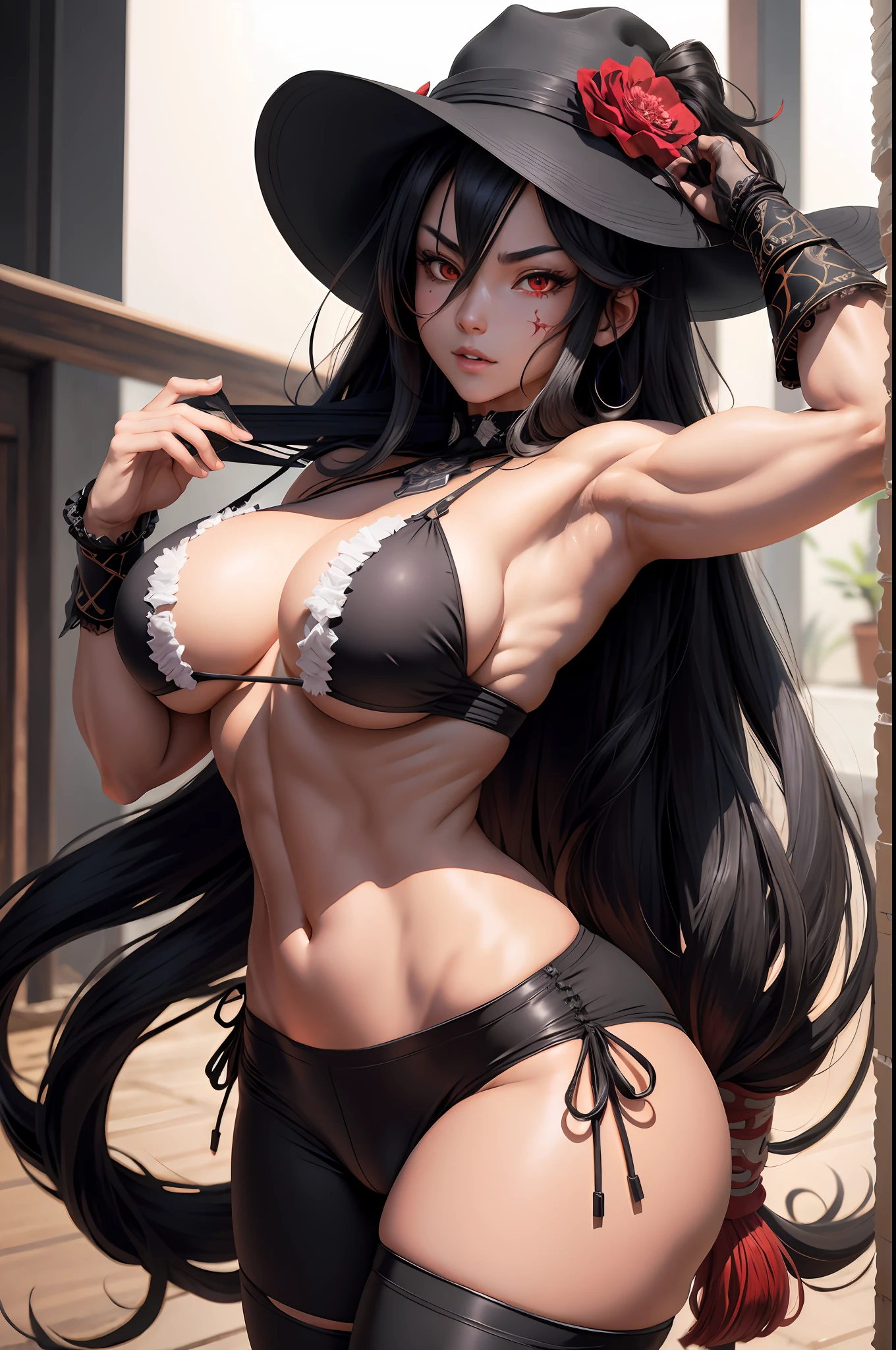 Daidouji, black long  hair, muscular,messy hair, red eyes , large breasts, 
Dattire,hat, white chest sarashi, sarashi, underboob, arm bandages,  black pants, geta
(insanely detailed, beautiful detailed face, masterpiece, best quality)