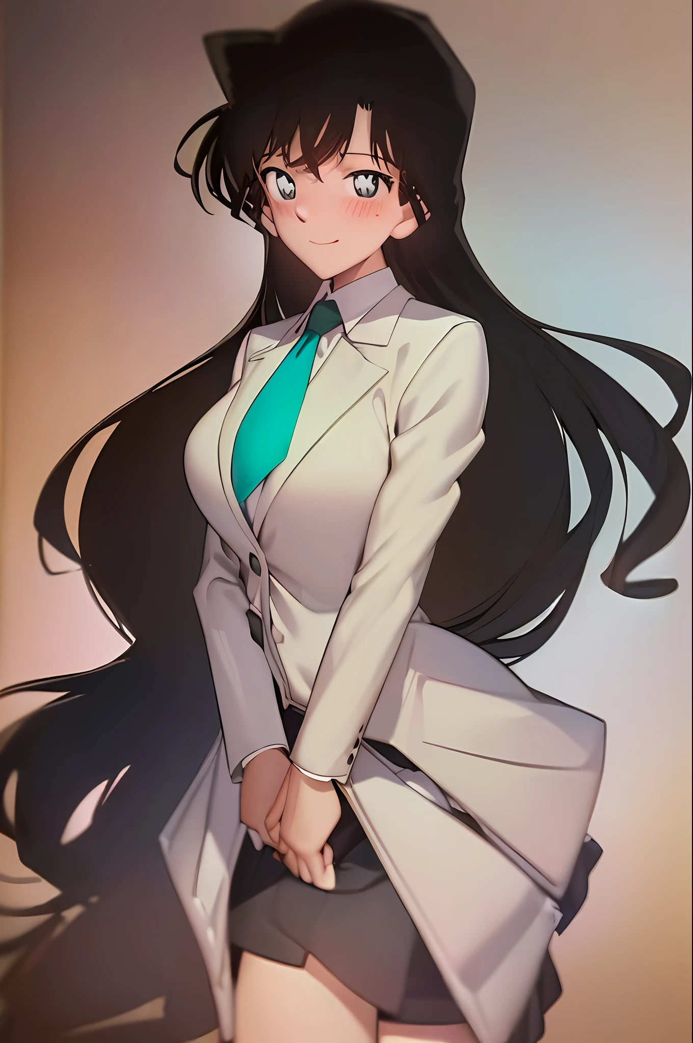 ((masterpiece)), (beach), (8k, high_resolution), ((distinct_image)),((1girl, solo)) ,extremely detailed CG, ((best quality)), (meitantei conan \(style\), detecive conan \(style\), meitantei conan), (((black hair, long hair, wavy hair))), solo, beautiful eyes and detailed face, (large breasts:1.2), (wide hip:1.3), (thick thigh), (long height), ((blush, smile:1.1)), (abs:0.8), ((black hair, black eyes:1.4)), ((1girl, solo)), ((school uniform, green necktie, white shirt, blue blazer, blue jacket:1.2)), cowboyshot