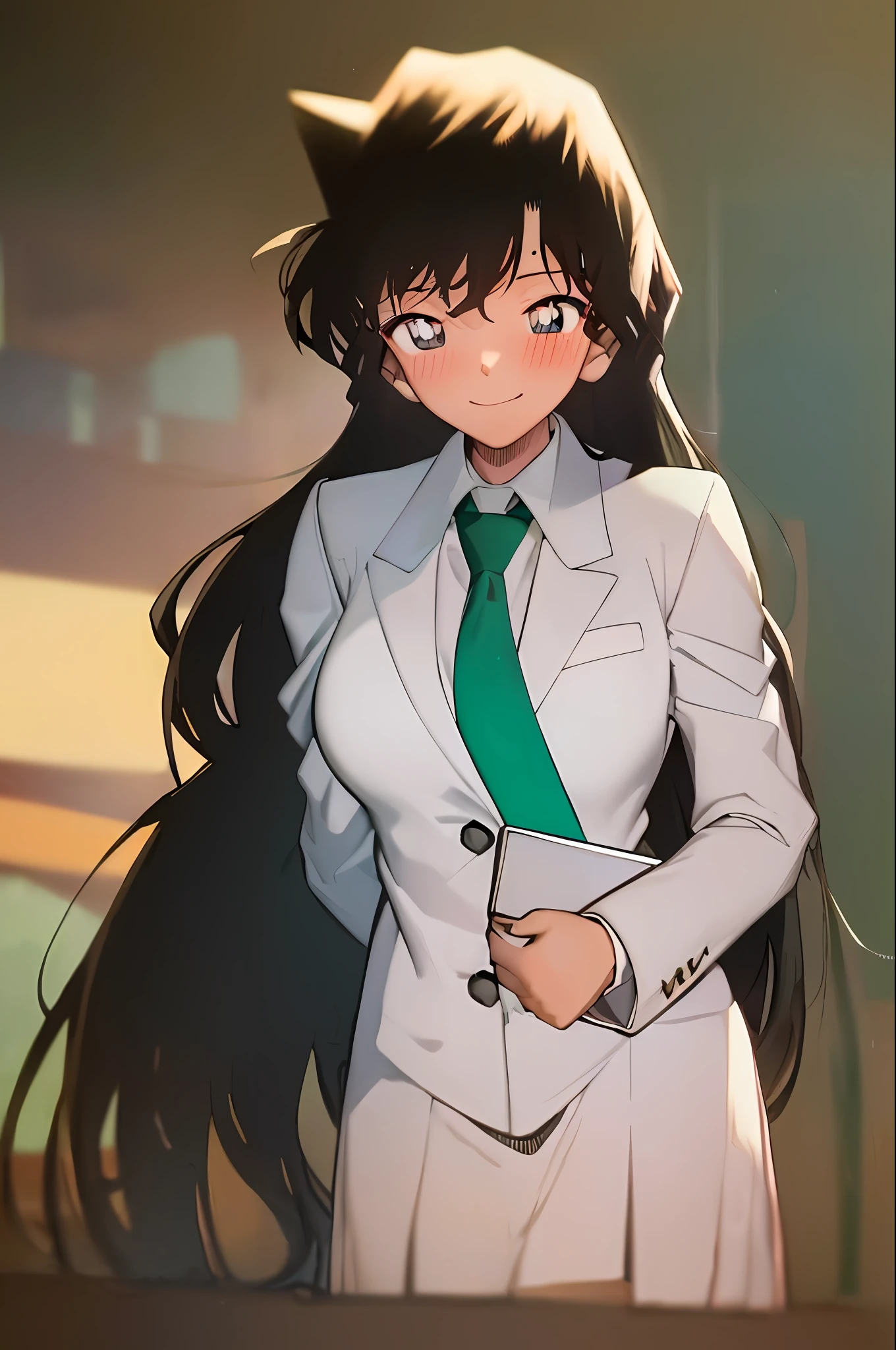 ((masterpiece)), (beach), (8k, high_resolution), ((distinct_image)),((1girl, solo)) ,extremely detailed CG, ((best quality)), (meitantei conan \(style\), detecive conan \(style\), meitantei conan), (((black hair, long hair, wavy hair))), solo, beautiful eyes and detailed face, (large breasts:1.2), (wide hip:1.3), (thick thigh), (long height), ((blush, smile:1.1)), (abs:0.8), ((black hair, black eyes:1.4)), ((1girl, solo)), ((school uniform, green necktie, white shirt, blue blazer, blue jacket:1.2)), cowboyshot