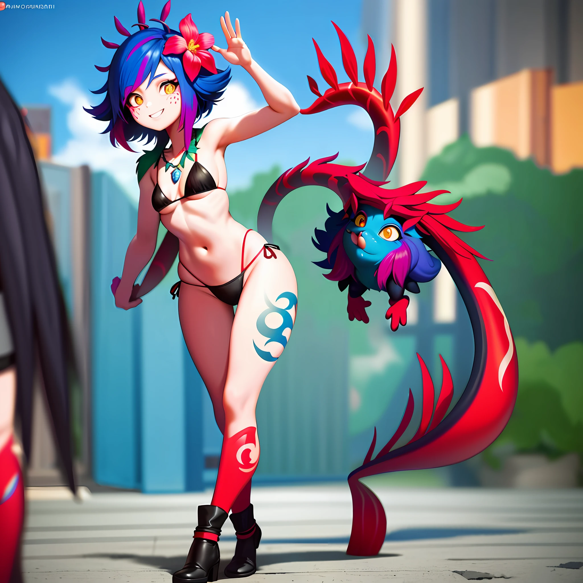 best illustration, illustration, vibrant colors, masterpiece, best quality, absurdities, 1girl, beautiful face, detailed eyes, looking at the viewer, contrapposto, sexy, full body, neeko, facial marks, hair ornaments, hair flower, necklace, lizard tail, multicolored skin, body painting, walking in public, with shame, red with shame, panting, smiling, in public, waving to strangers, teasing strangers, (( black micro-bikini)), walking on the street, in public, wearing black micro-bikini, black bikini, 2 girls, 2 twins, 1