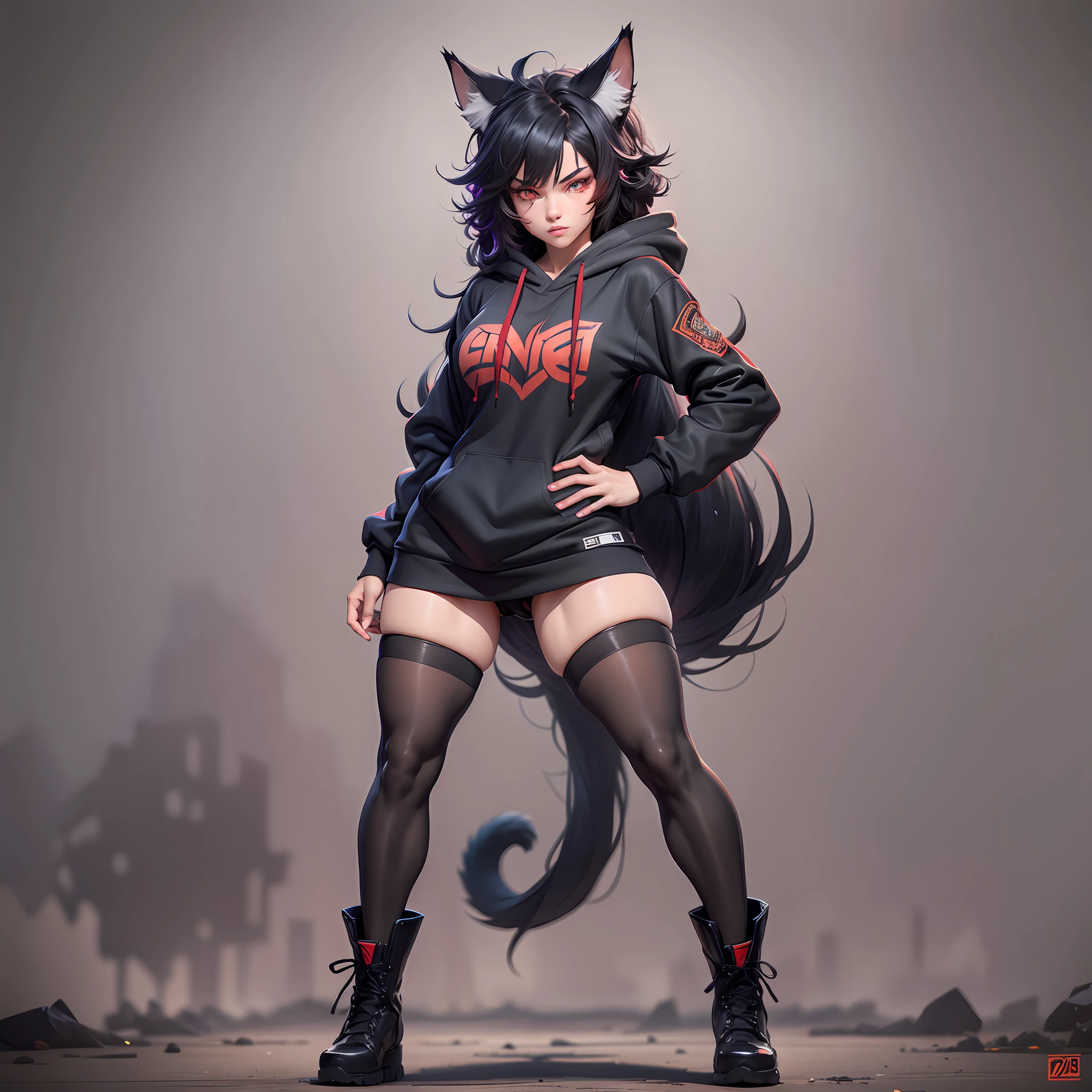 21 year old, toned, flexing, sharp big cat ears, cat tail, big black messy hair, extremely vibrant red eyes, masterpiece, vibrant, sexy , slim dark black hoodie, full body view, cute face, black thigh socks, combat boots.