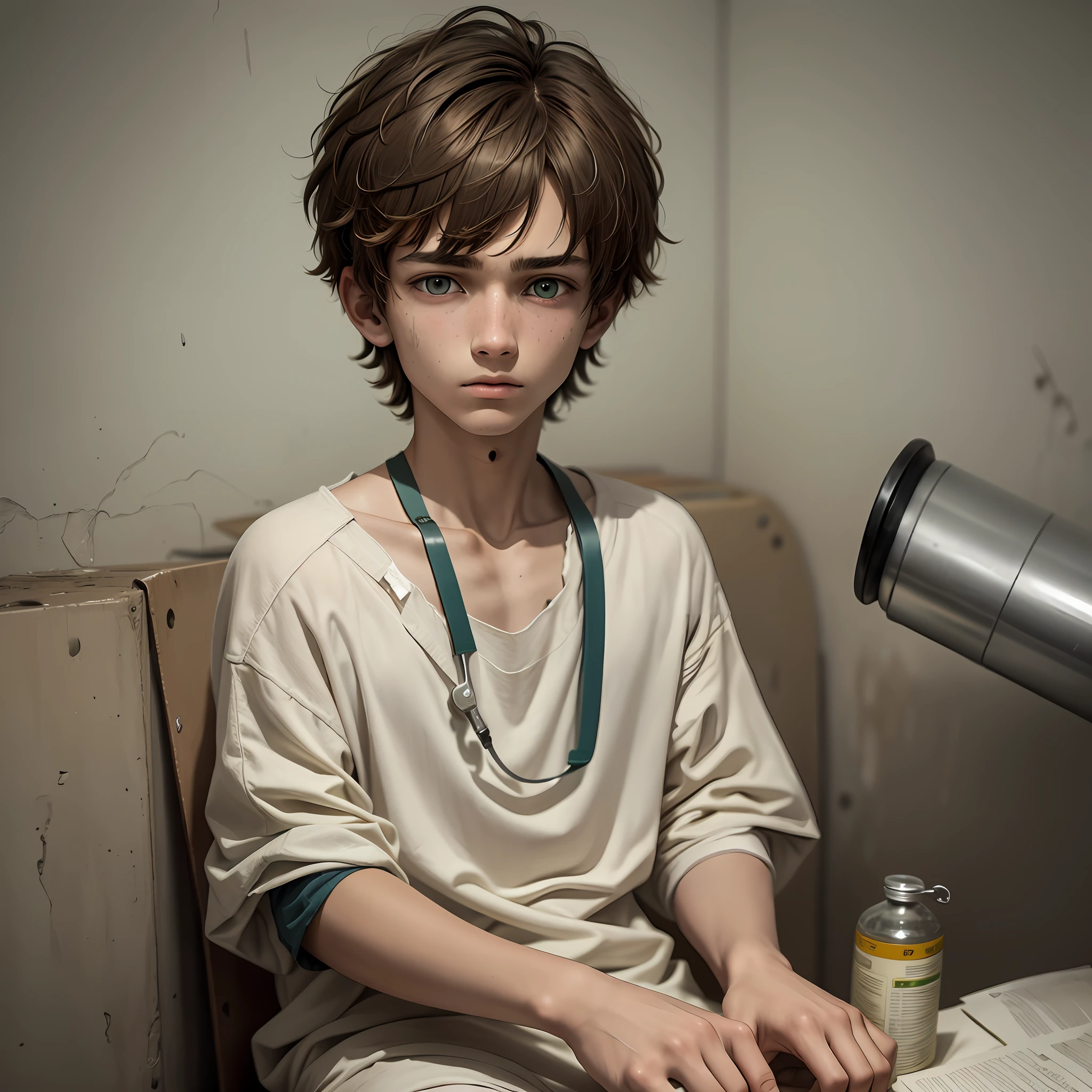a -yeld teonly a 1 boy, brown short hair, light brown short hair, short hair parted in the middle, man's short hair with locks, bright green eyes, without a beard, pointed ear, Unethical human experimentation, Experiments Conducted on Humans, Human Experimentation Leading, injured, wounded, sad, patient surgical clothes, patient, psychiatric hospital, isolated and mistreated