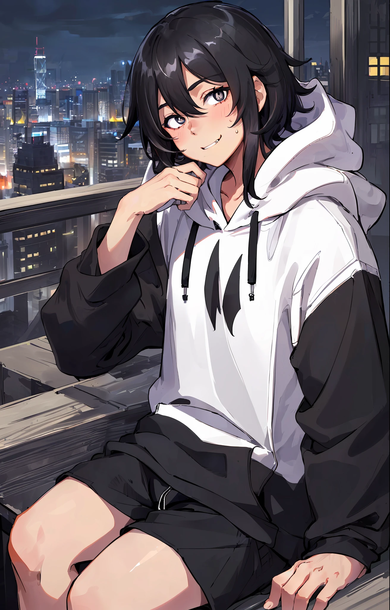 ((highest quality, masterpiece, 4k, finely detailed, detailed eyes, detailed face, gelbooru, pixiv)), warm lighting, ((solo)), 1 male, (handsome, masculine, adult male, broad shoulders), ((chin stubbles)), (slight blush on cheeks, smiling with fangs showing, looking at viewer), ((lazy eyes, tired eyes, half-lidded, eyebags under eyes, black eyes with white pupils)), ((dark hoodie with a logo, sweatpants)), ((black hair, medium length hair, shaggy hairstyle, messy hair)), (city background, sitting on edge of a skyscraper, bird's eye view)