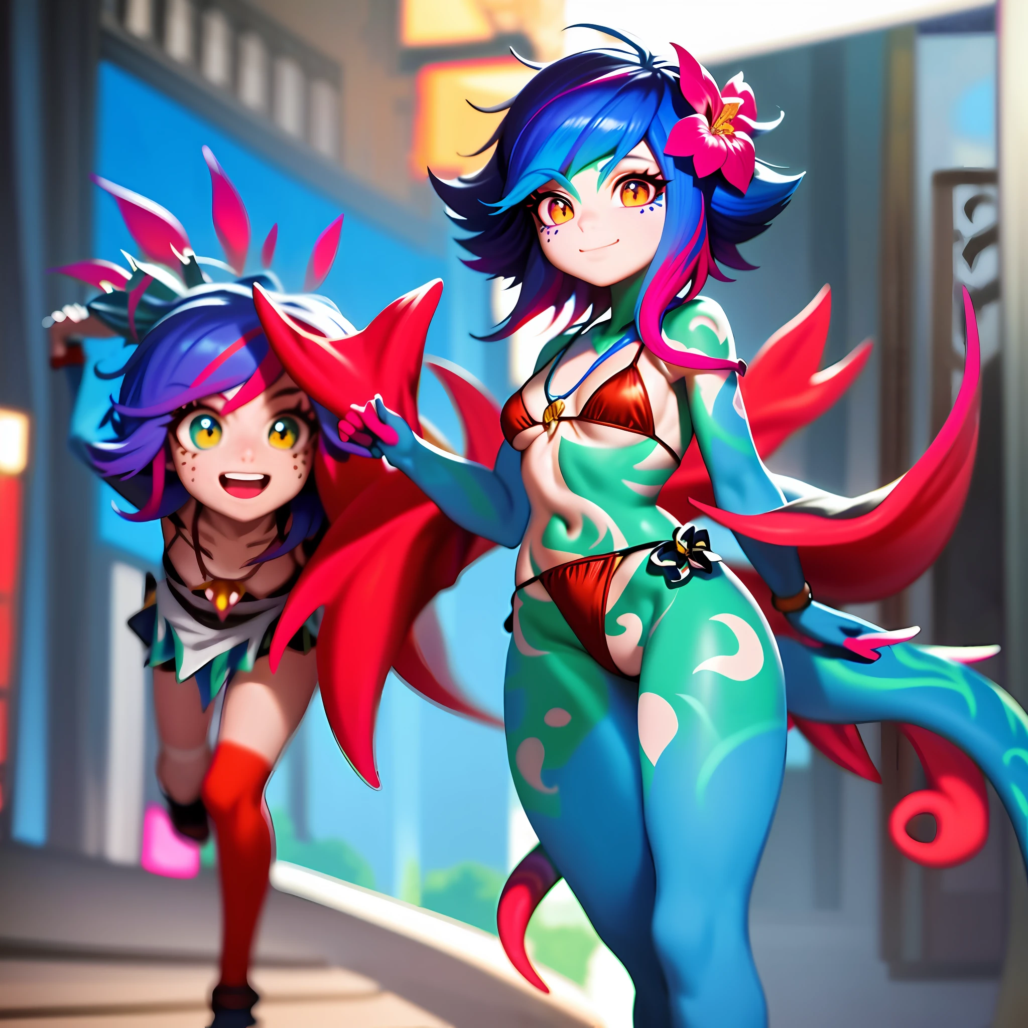 best illustration, illustration, vibrant colors, masterpiece, best quality, absurdities, 1girl, beautiful face, detailed eyes, looking at the viewer, contrapposto, sexy, full body, neeko, facial marks, hair ornaments, hair flower, necklace, lizard tail, multicolored skin, body painting, walking in public, with shame, red with shame, panting, smiling, in public, waving to strangers, teasing strangers, (( black micro-bikini)), walking on the street, in public, wearing black micro-bikini, black bikini, surrounded by people, confused