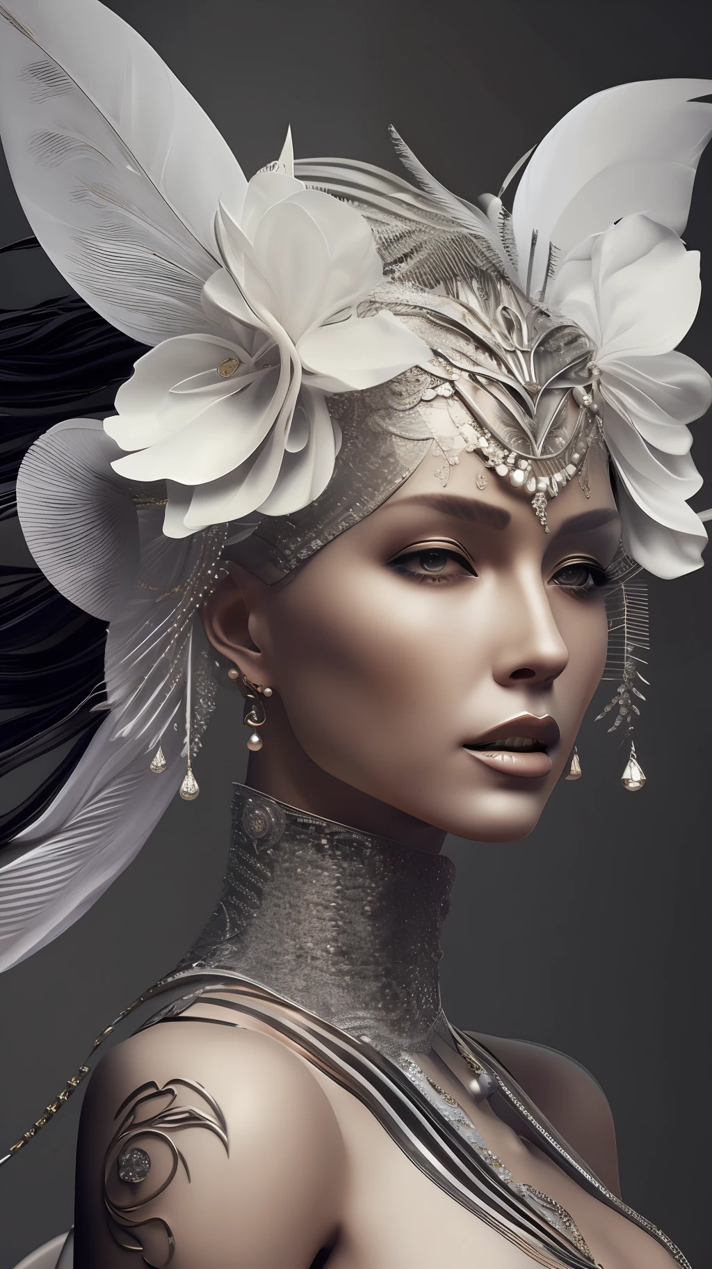 Complex 3 d render of a beautiful fascinating biomechanical female cyborg with a porcelain face, analog, beautiful natural light, rim light, 1 5 0 mm lens, aztec warrior, feathers, piercing, aztec tattoos, white blossoms, vanilla leaves and stems, sinuous roots, white blossoms, fine foliage lace, steampunk, silver gold filigree details, alexander mcqueen high fashion haute couture, pearl earring, art nouveau fashion embroidered, hexagonal mesh wire, mandelbrot fractal, facial muscles, cable wires, microchip, elegant, beautiful natural light, studio lights, rim light, highly detailed, hyperrealistic, sharp, octane render, h. r. giger style, volumetric lighting, 8 k post production