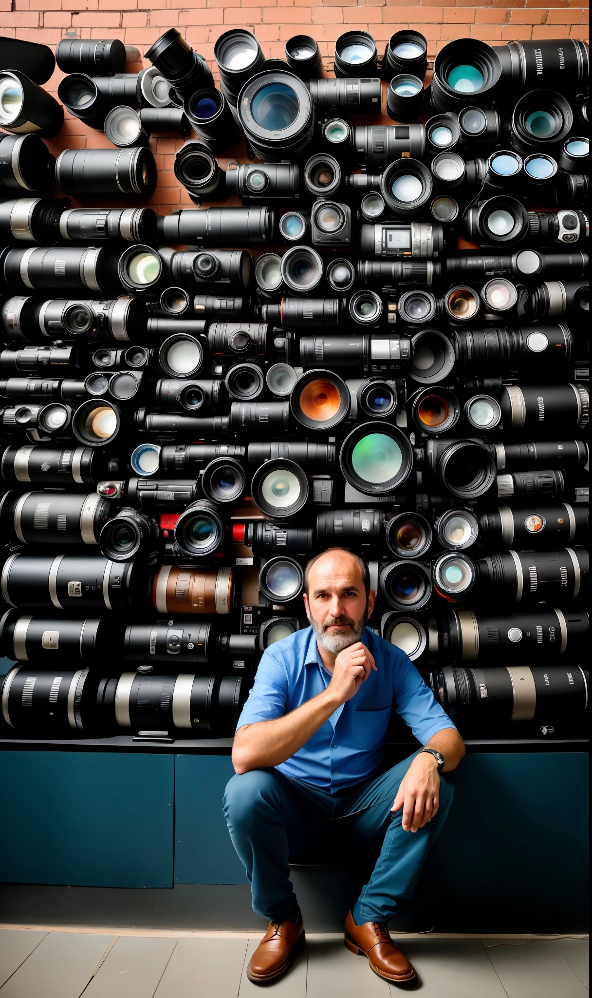 arafed man sitting in front of a wall of camera lenses, a photorealistic painting inspired by Steve McCurry, unsplash, photorealism, style steve mccurry, best photography of 2 0 2 1, maxim sukharev, artem chebokha, national geographic photography, genius, sergey vasnev, stanly kubrick, photography alexey kurylev
