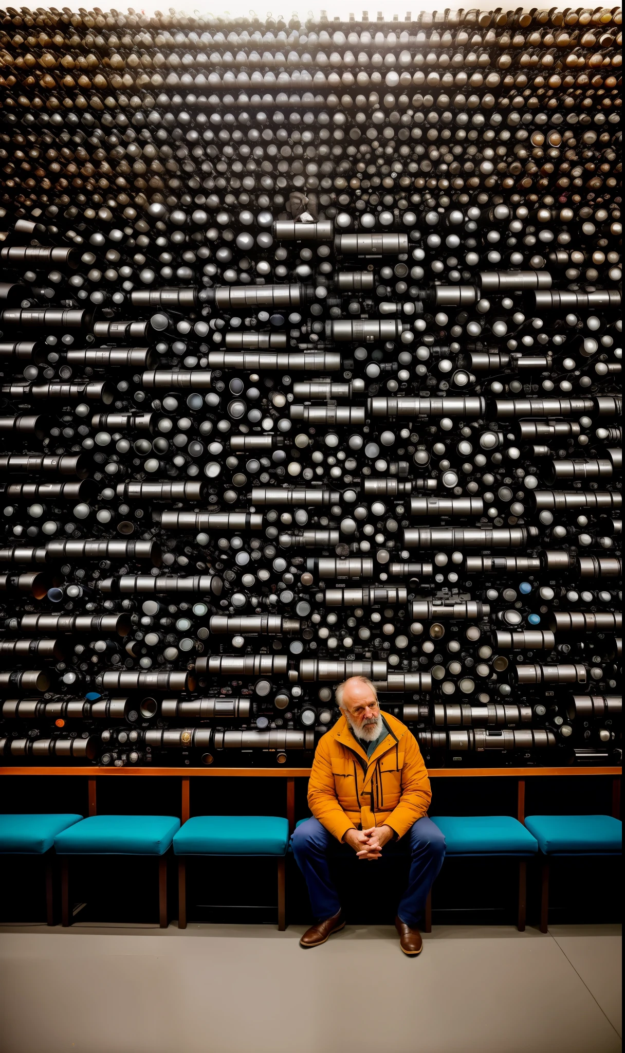 arafed man sitting in front of a wall of camera lenses, a photorealistic painting inspired by Steve McCurry, unsplash, photorealism, style steve mccurry, best photography of 2 0 2 1, maxim sukharev, artem chebokha, national geographic photography, genius, sergey vasnev, stanly kubrick, photography alexey kurylev
