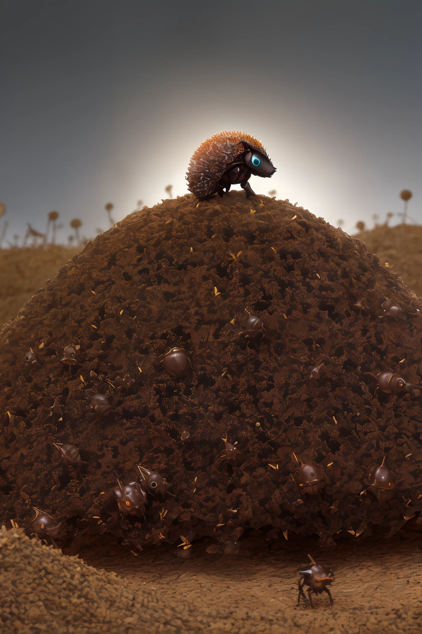 ominous anthill, preparing for battle in the night, dark