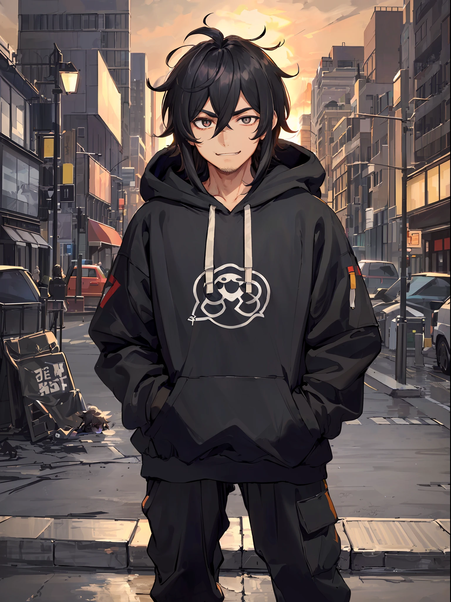((highest quality, masterpiece, 4k, finely detailed, detailed eyes, detailed face, gelbooru, pixiv)), ((solo)), 1 male, (handsome, masculine, adult male, broad shoulders), ((chin stubbles)), (smiling with fangs showing, looking at viewer), ((lazy eyes, tired eyes, half-lidded, eyebags under eyes, black eyes with white pupils)), ((dark hoodie with a logo, sweatpants)), ((black hair, medium length hair, shaggy hairstyle, messy hair)), (city background at night, bird's eye view, standing with hands in pockets)