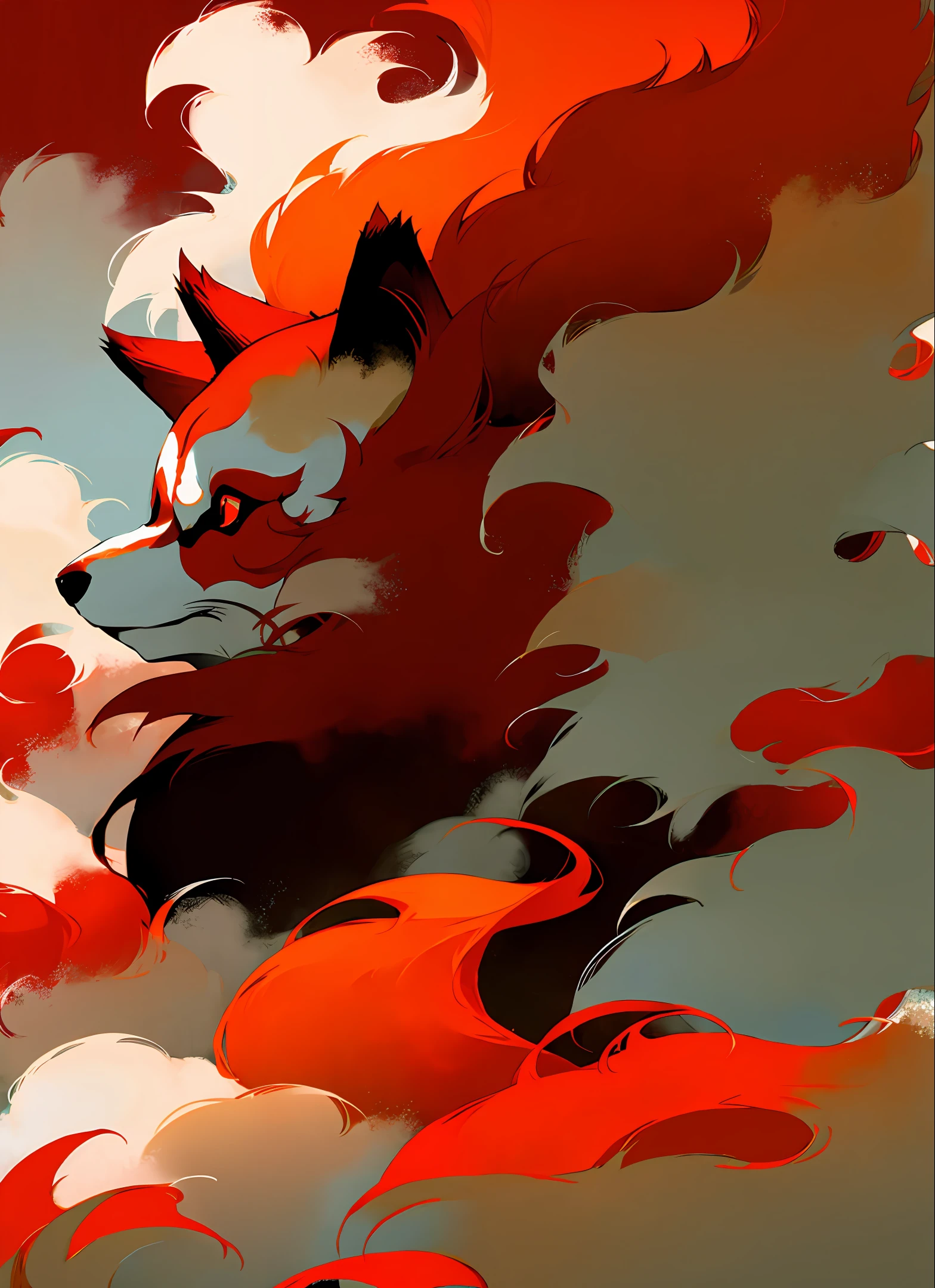 red panda, ninetails, Japanese maple forest